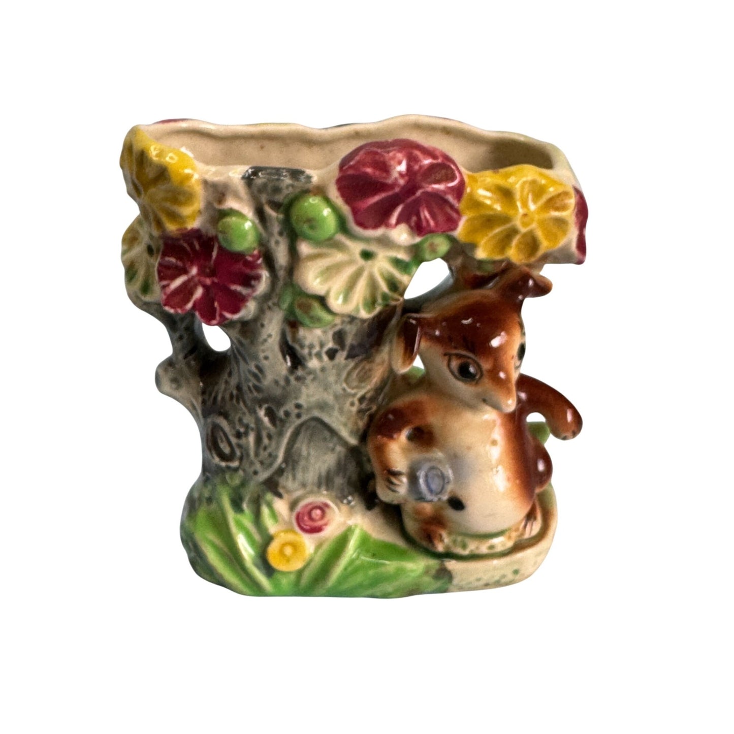 Vintage Japan Chipmunk Wall Pocket Planter Tree Flowers Hand Painted 1950s 5.25
