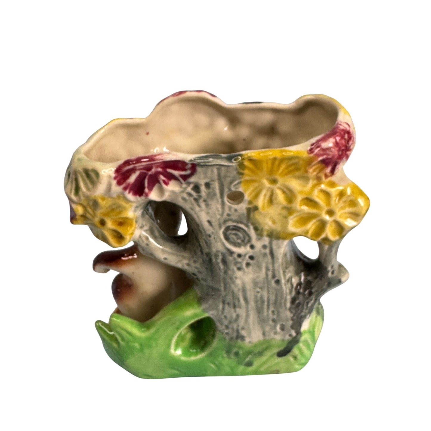 Vintage Japan Chipmunk Wall Pocket Planter Tree Flowers Hand Painted 1950s 5.25