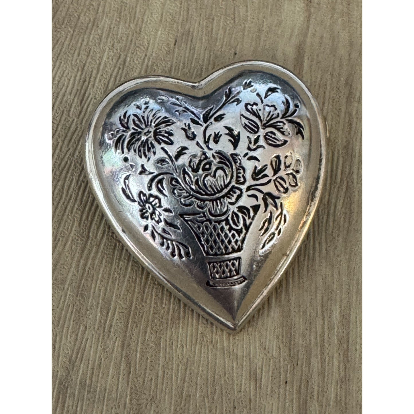 Vintage Kelt Sterling Silver Heart Brooch Floral Design France C1930s 1 1/8"