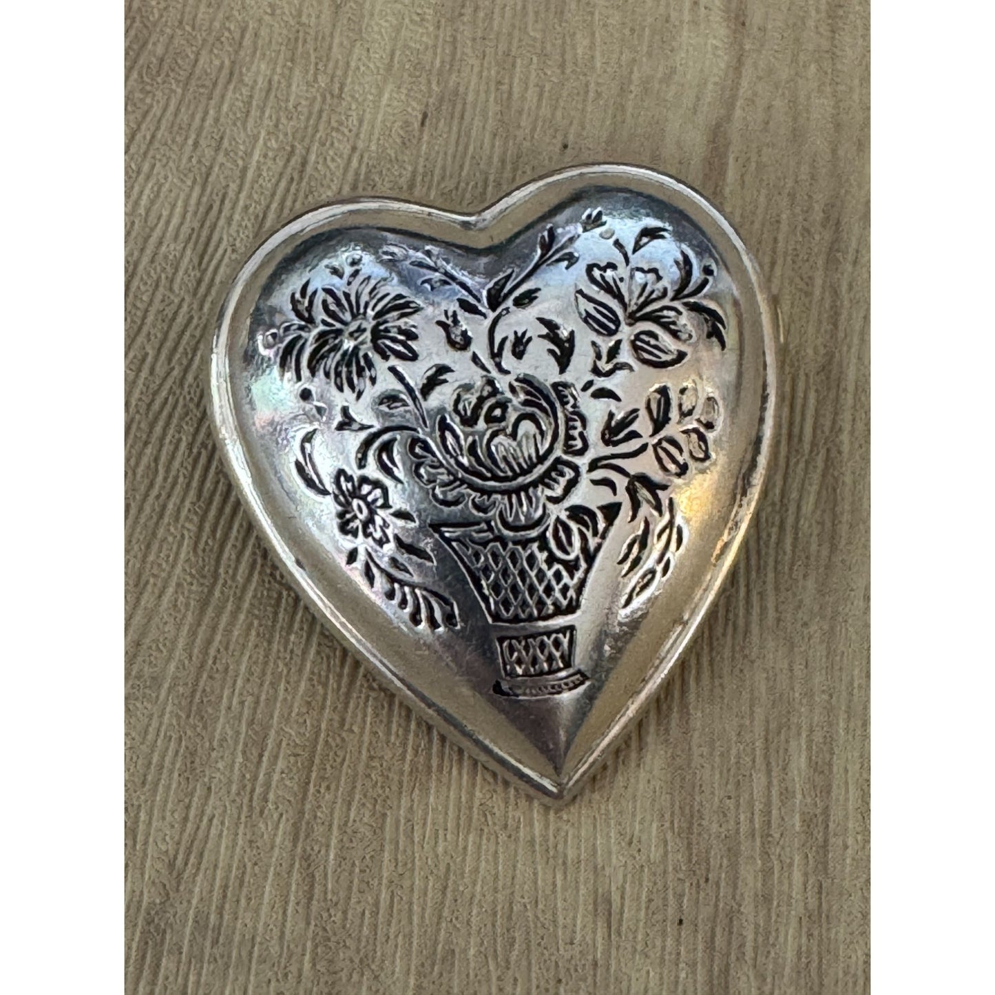 Vintage Kelt Sterling Silver Heart Brooch Floral Design France C1930s 1 1/8"