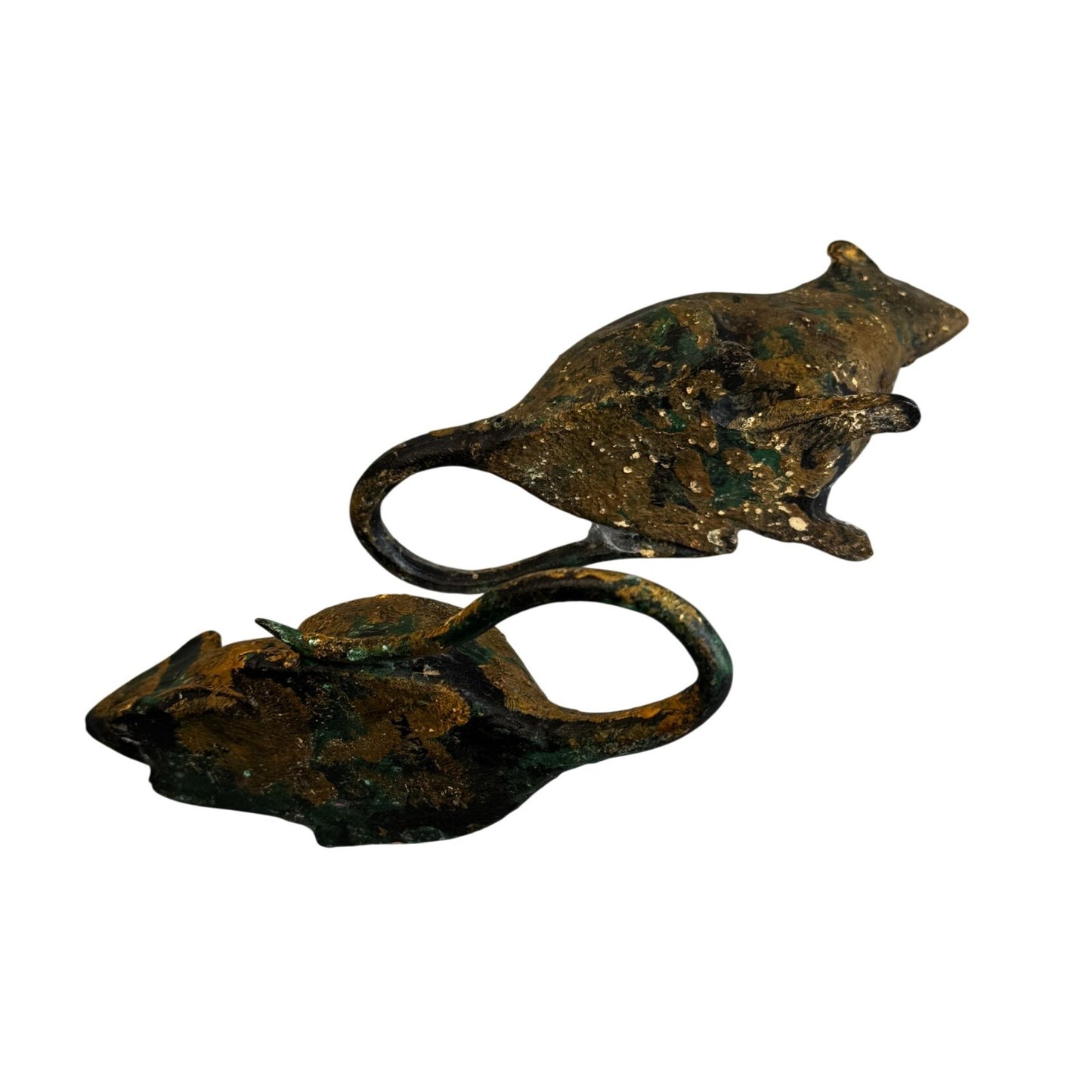Vintage Metal Mouse Figurines Verdigris Patina Cast Iron 7" Pair