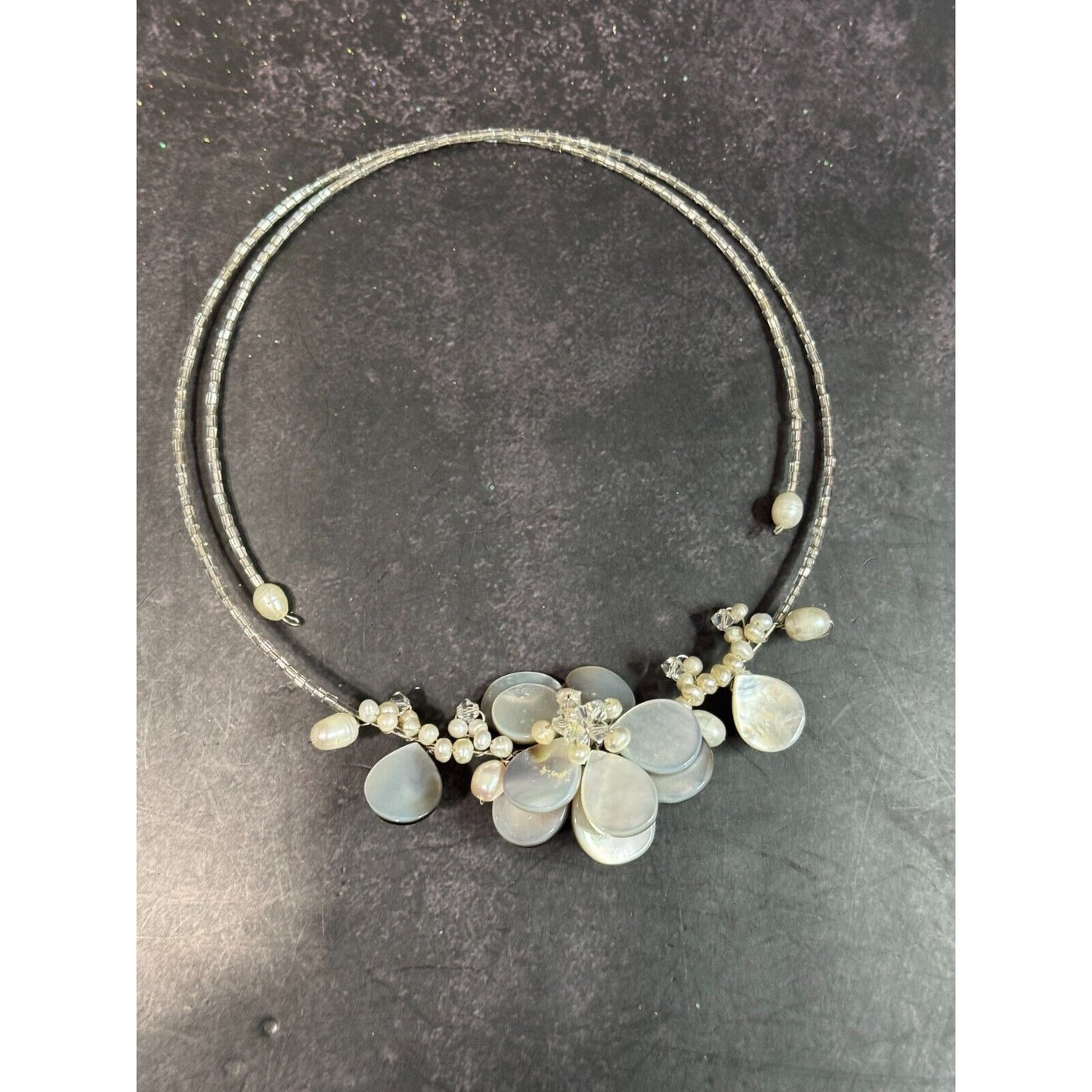 Gray Mother of Pearl Flower Freshwater Pearl Glass Beaded Flexable Strand