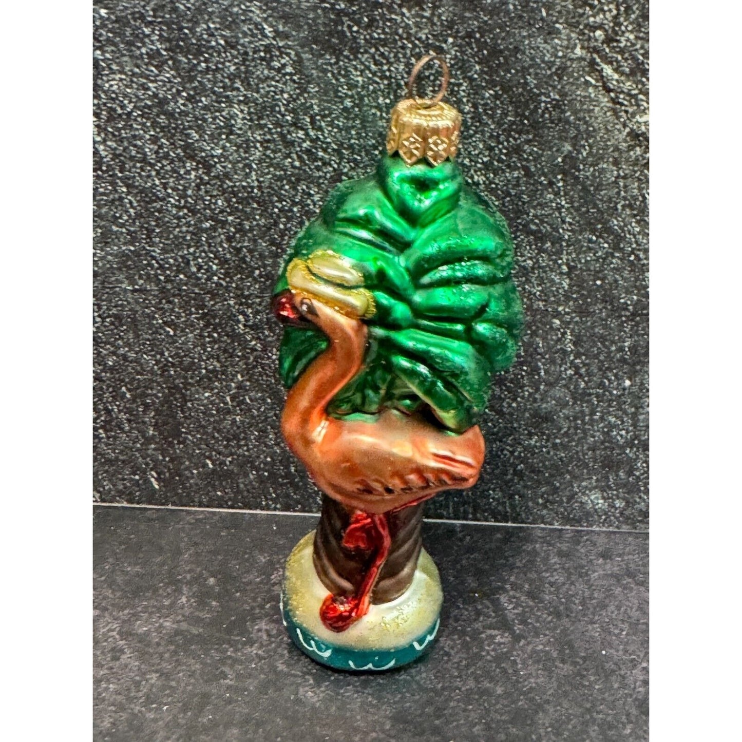 2000 Flamingo Palm Tree Blown Glass Christmas Ornament Hand Signed LC