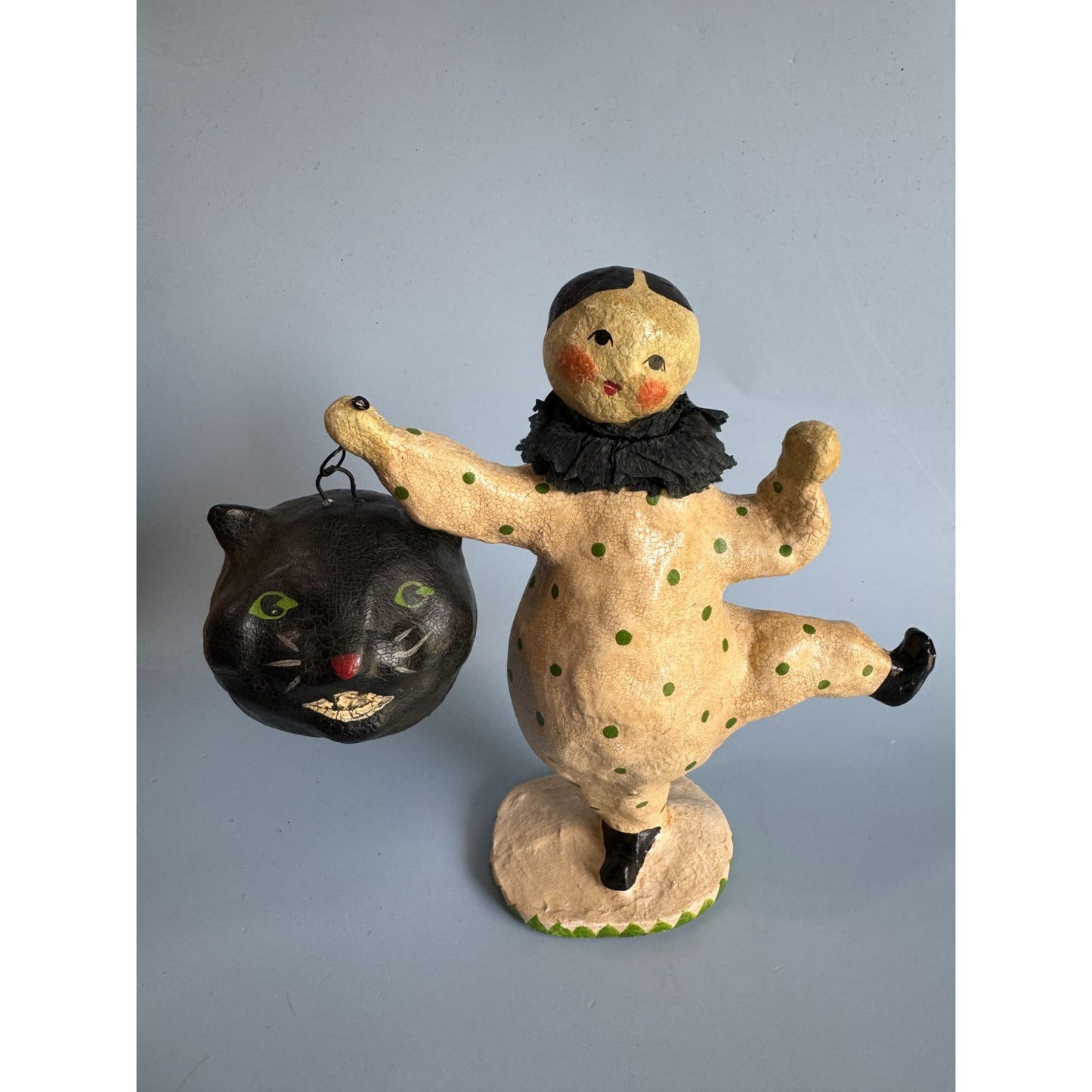 2004 Nicole Sayers Paper Mache Dancing Clown & Black Cat Halloween Figurine SCF
