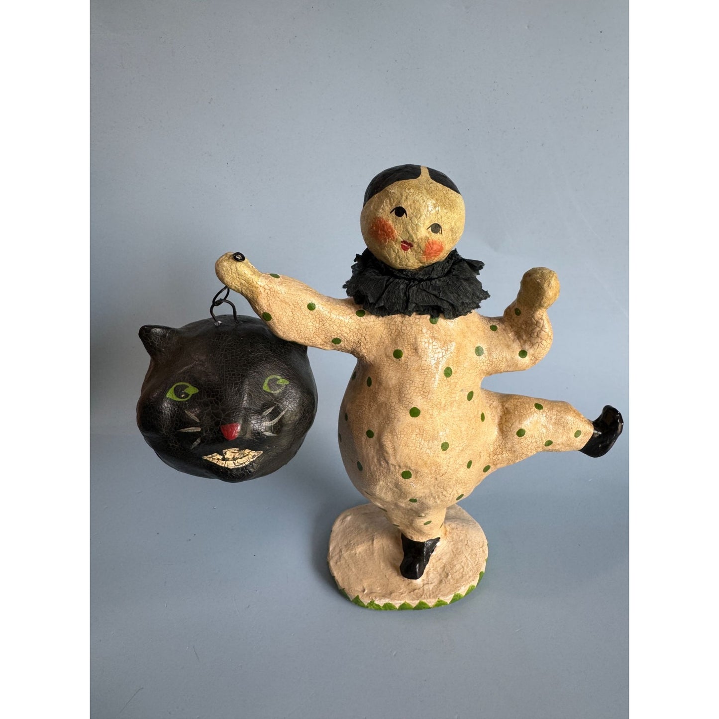 2004 Nicole Sayers Paper Mache Dancing Clown & Black Cat Halloween Figurine SCF