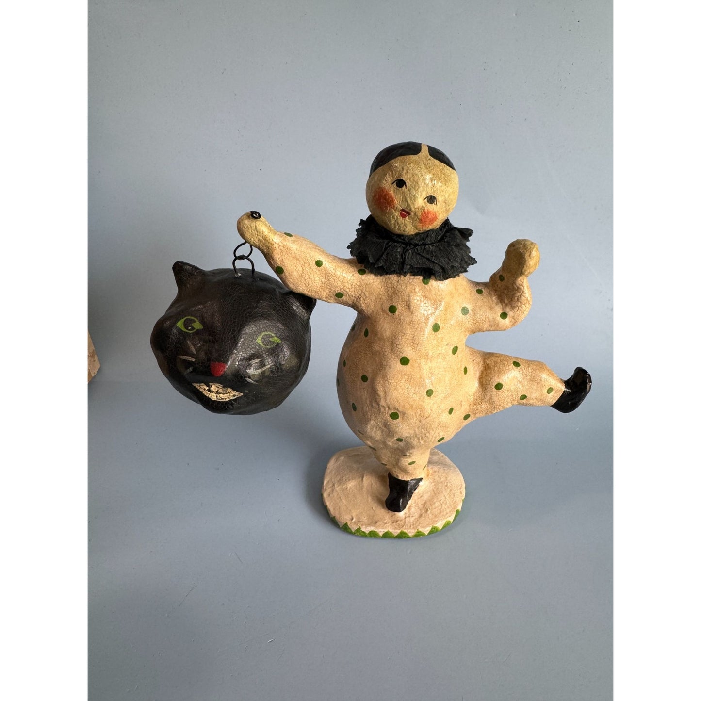2004 Nicole Sayers Paper Mache Dancing Clown & Black Cat Halloween Figurine SCF