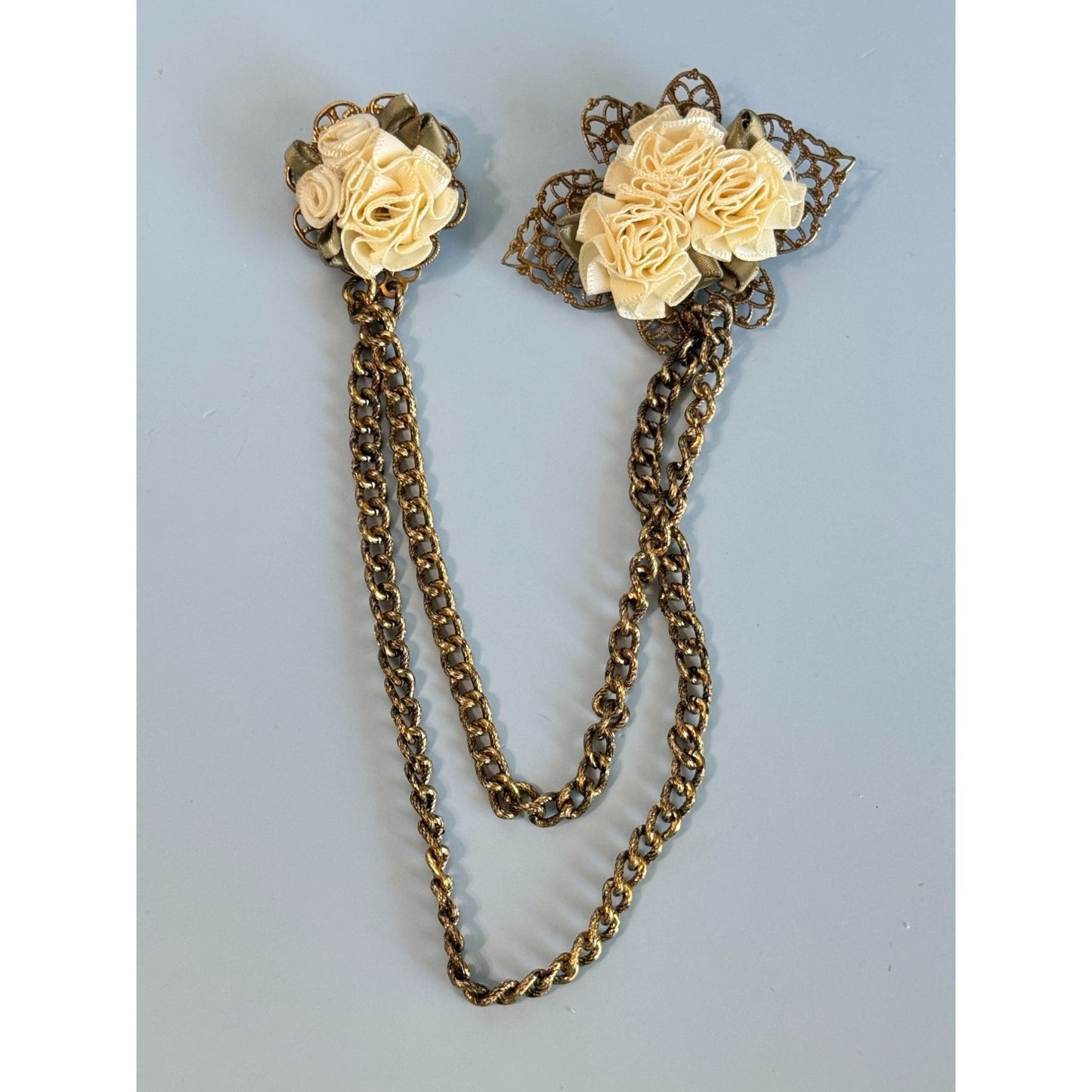 Double Sweater Brooch Pins With Silk Flowers & Gold Plated Filigree Chain