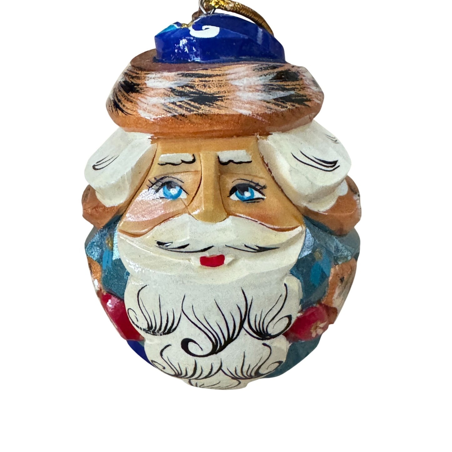 Hand Carved Russian Santa Claus Father Frost Ornament Linden Wood 3 Inch Multicolor