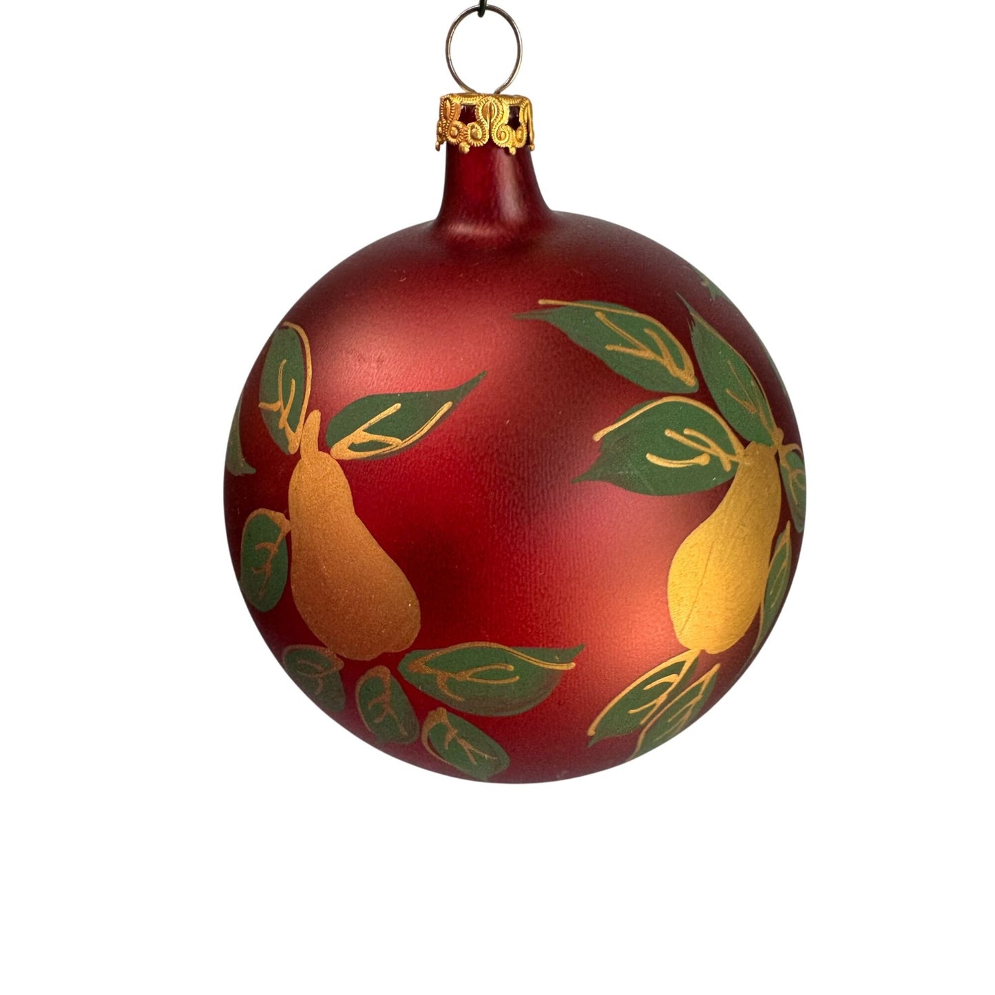 Vintage Italy Glass Christmas Ornament Red Ball Pear Fruit Design Hand Painted