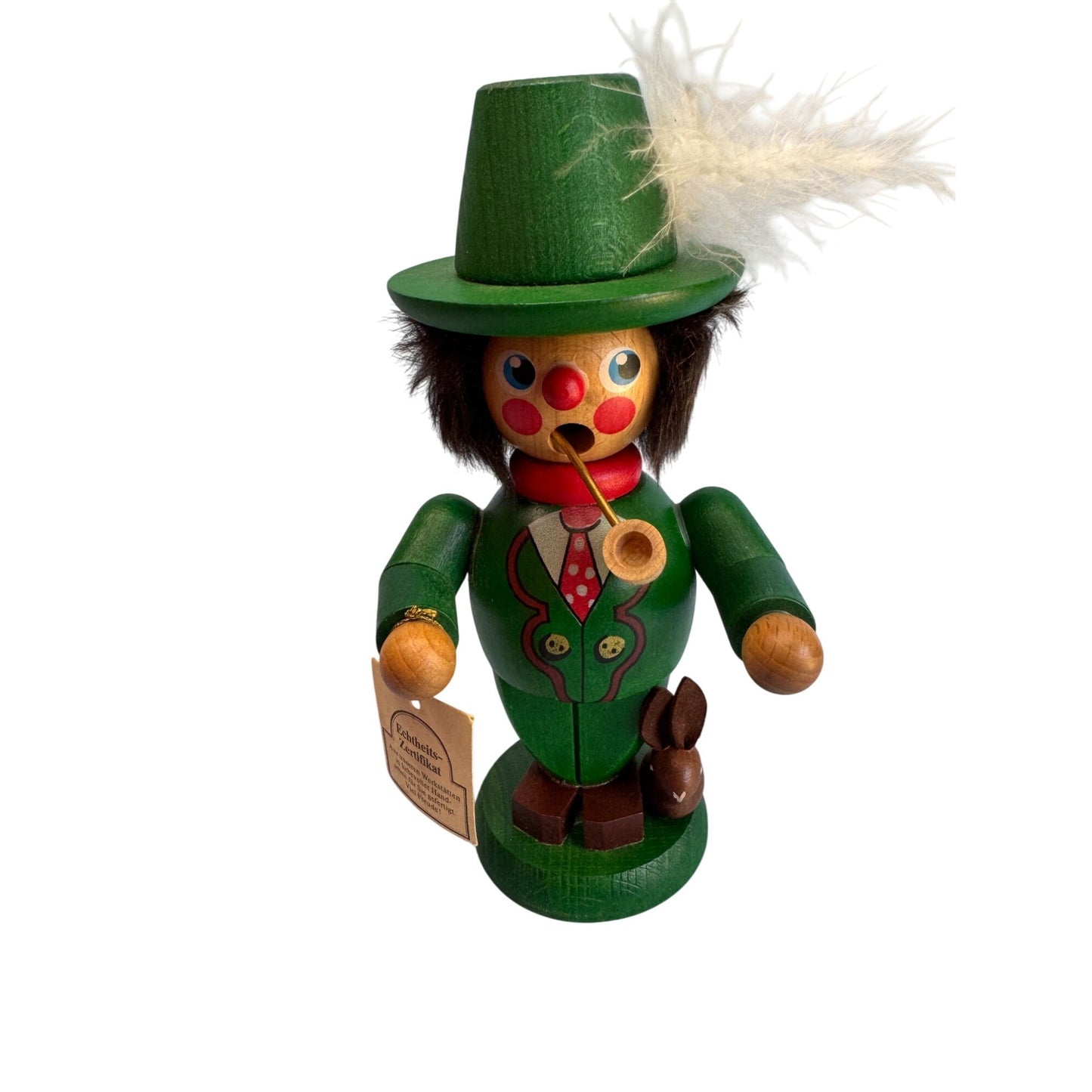 Christian Ulbricht Wooden Hunter Smoker Green Feathered Hat Germany Vintage Erzgebirge