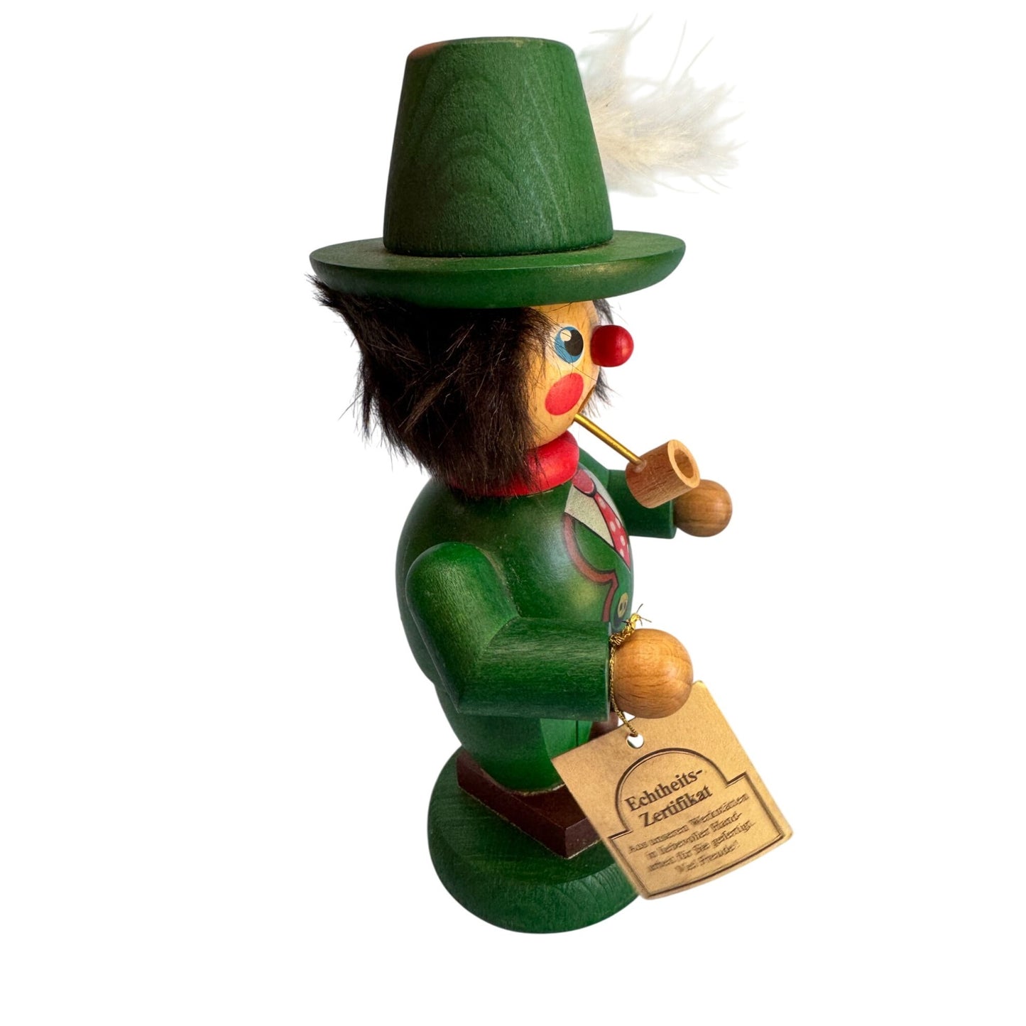Christian Ulbricht Wooden Hunter Smoker Green Feathered Hat Germany Vintage Erzgebirge