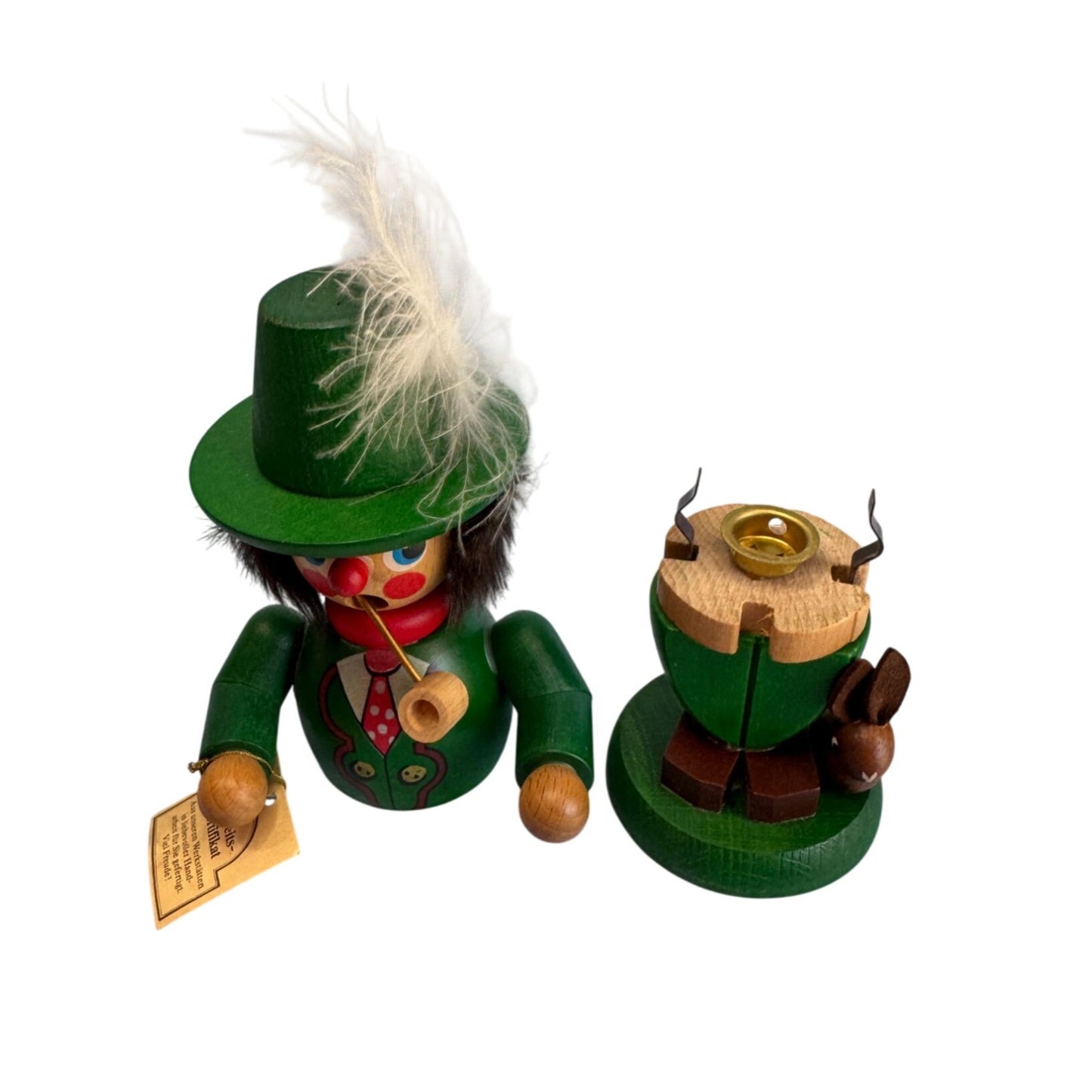 Christian Ulbricht Wooden Hunter Smoker Green Feathered Hat Germany Vintage Erzgebirge