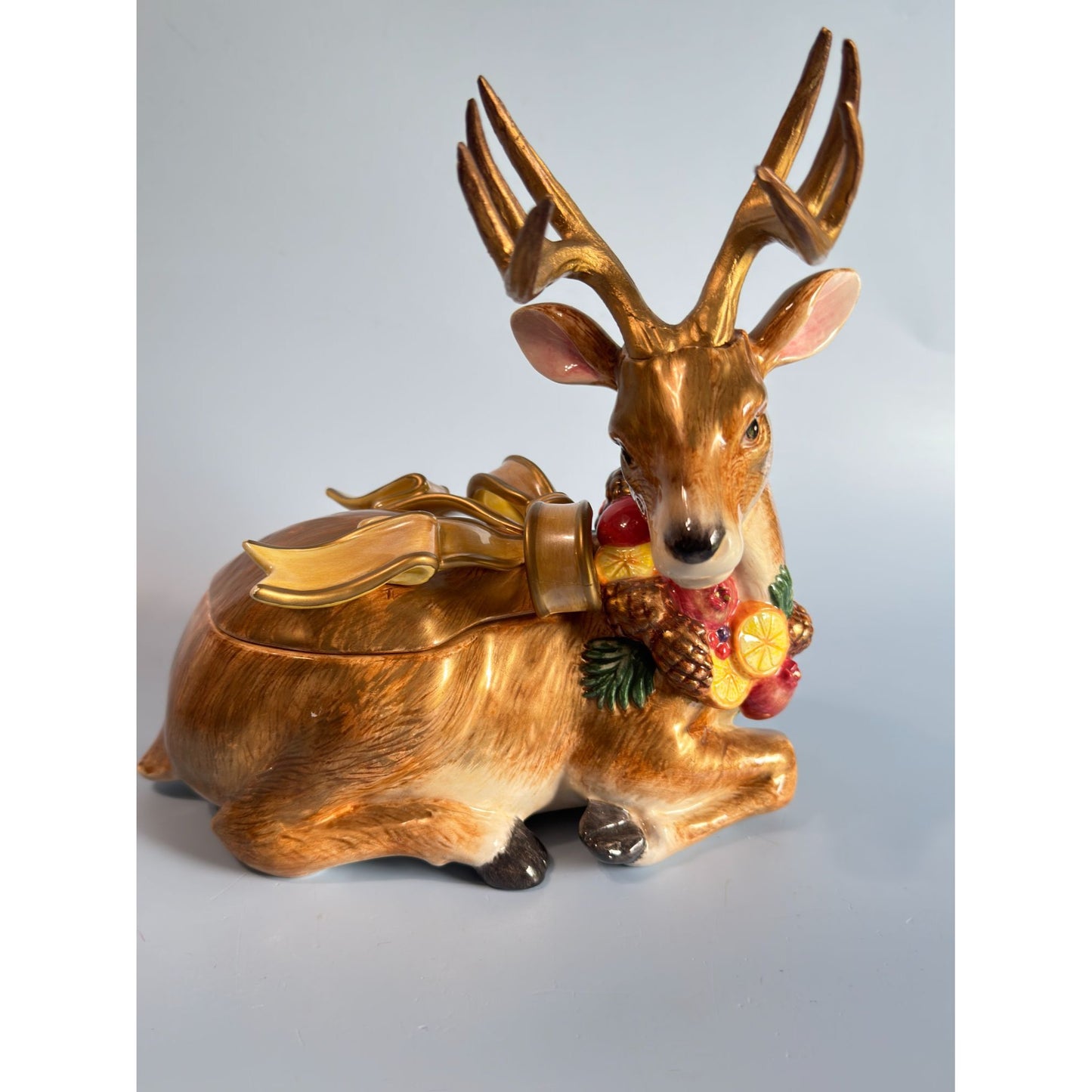 Fitz & Floyd Deer Winter Spice Lidded Christmas Trinket Box Figurine 8 1/2" x 6 1/2"