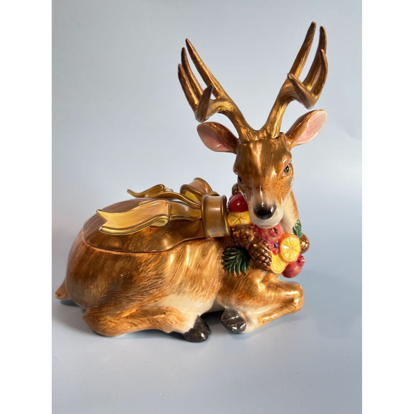 Fitz & Floyd Deer Winter Spice Lidded Christmas Trinket Box Figurine 8 1/2" x 6 1/2"