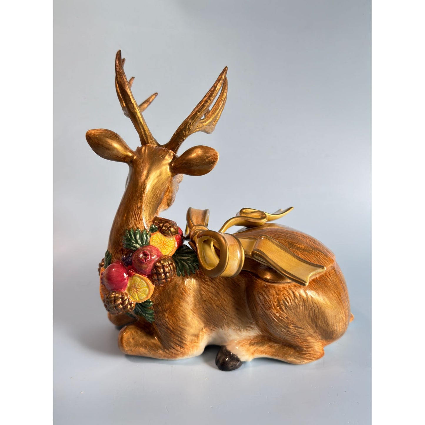 Fitz & Floyd Deer Winter Spice Lidded Christmas Trinket Box Figurine 8 1/2" x 6 1/2"