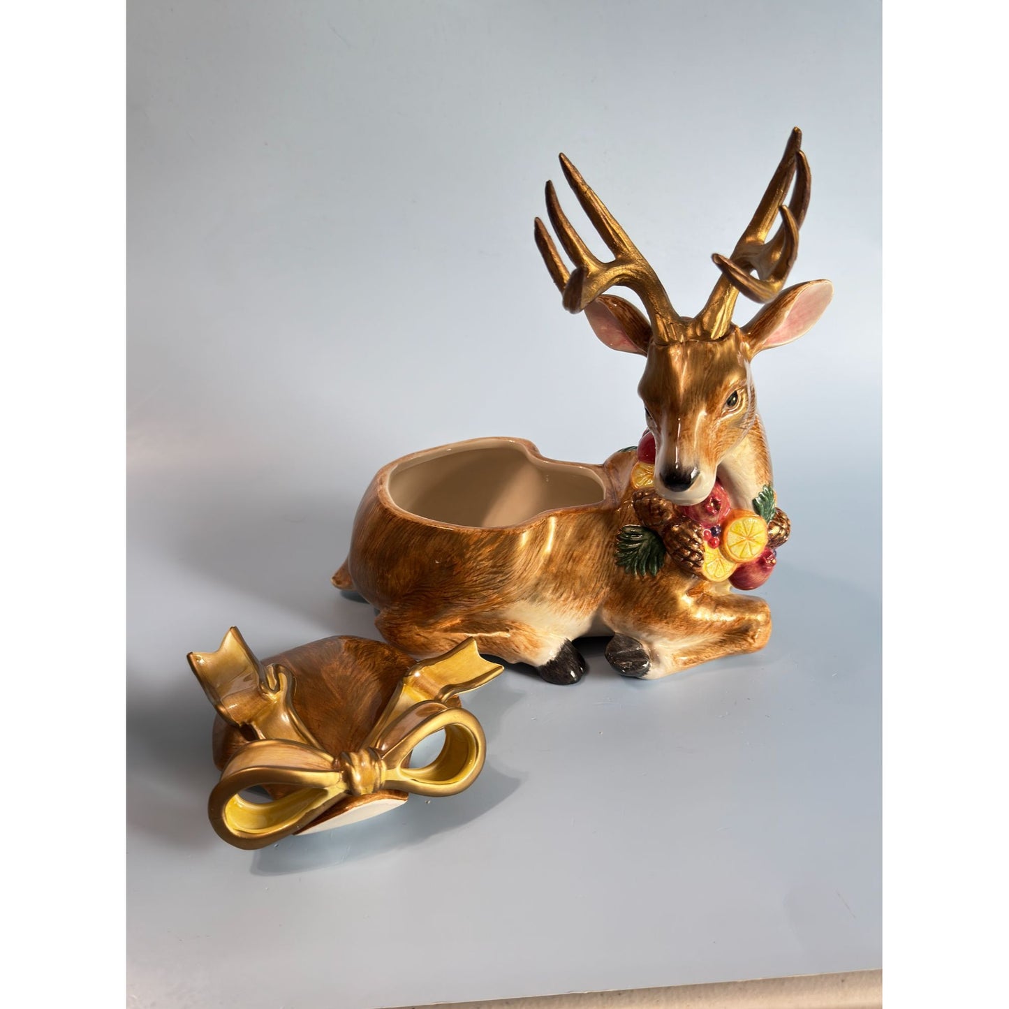 Fitz & Floyd Deer Winter Spice Lidded Christmas Trinket Box Figurine 8 1/2" x 6 1/2"
