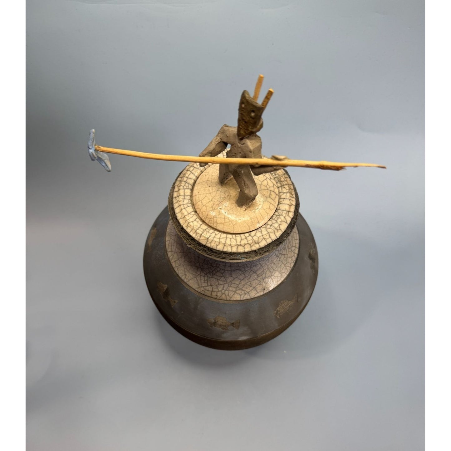 Signed Raku Tribal Pottery Sculpture Jar Spear & Fish Motif By Dickason 1993