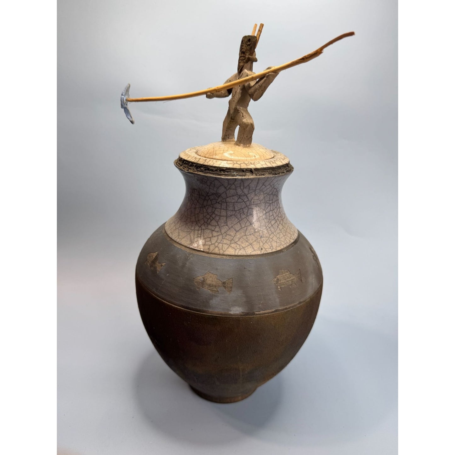 Signed Raku Tribal Pottery Sculpture Jar Spear & Fish Motif By Dickason 1993