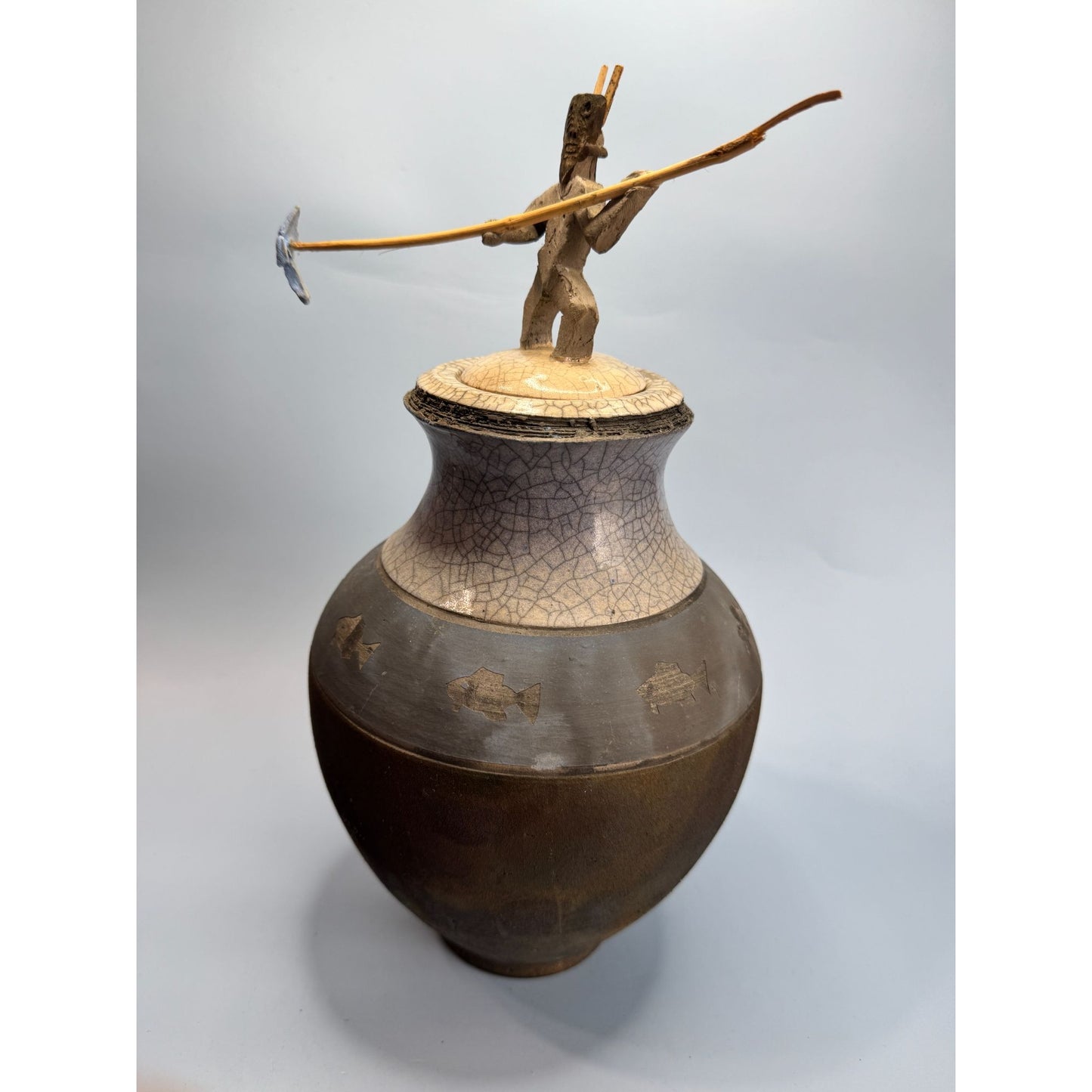 Signed Raku Tribal Pottery Sculpture Jar Spear & Fish Motif By Dickason 1993