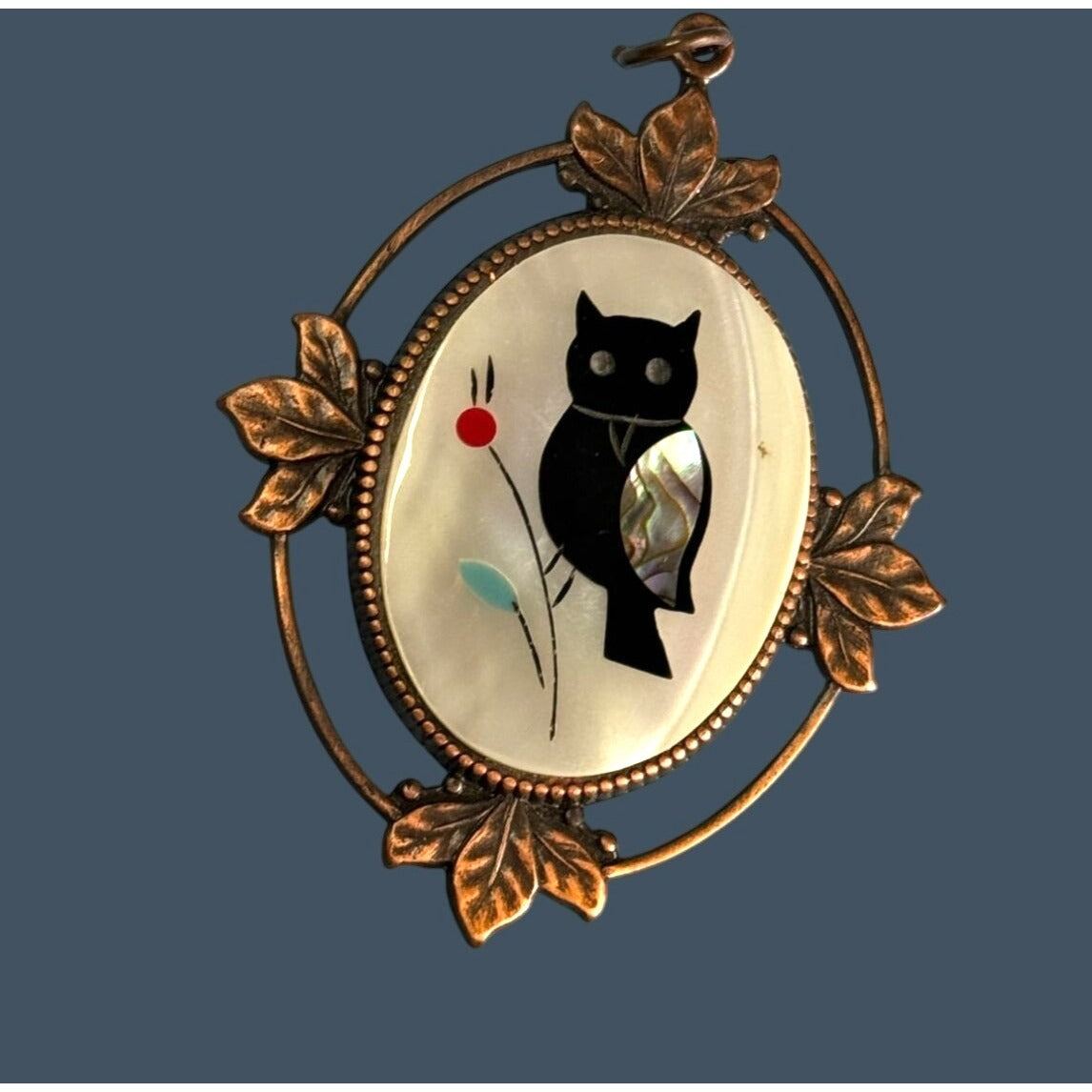 Vintage Copper Pendant With Inlaid Mother Of Pearl Owl Design 3" Oval With Floral Accents
