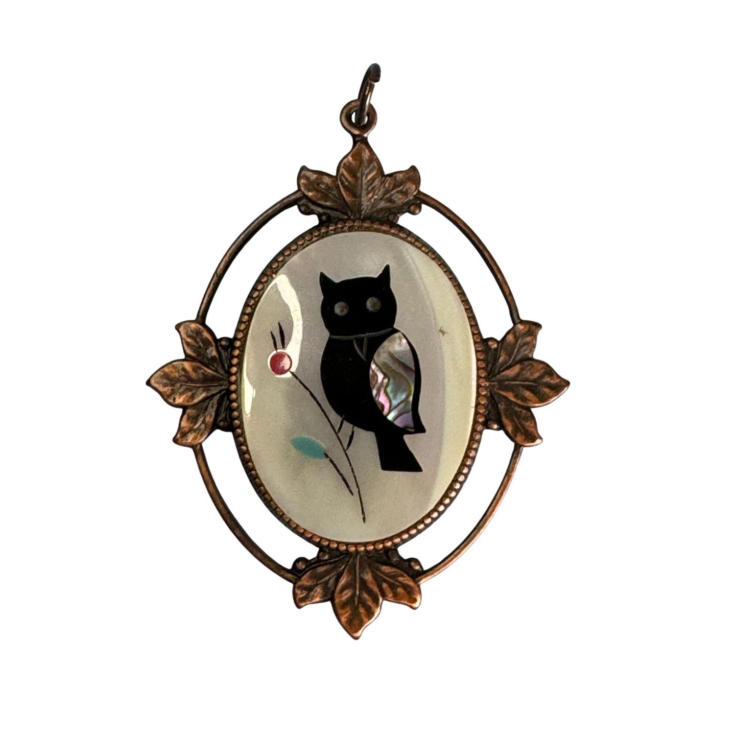 Vintage Copper Pendant With Inlaid Mother Of Pearl Owl Design 3" Oval With Floral Accents