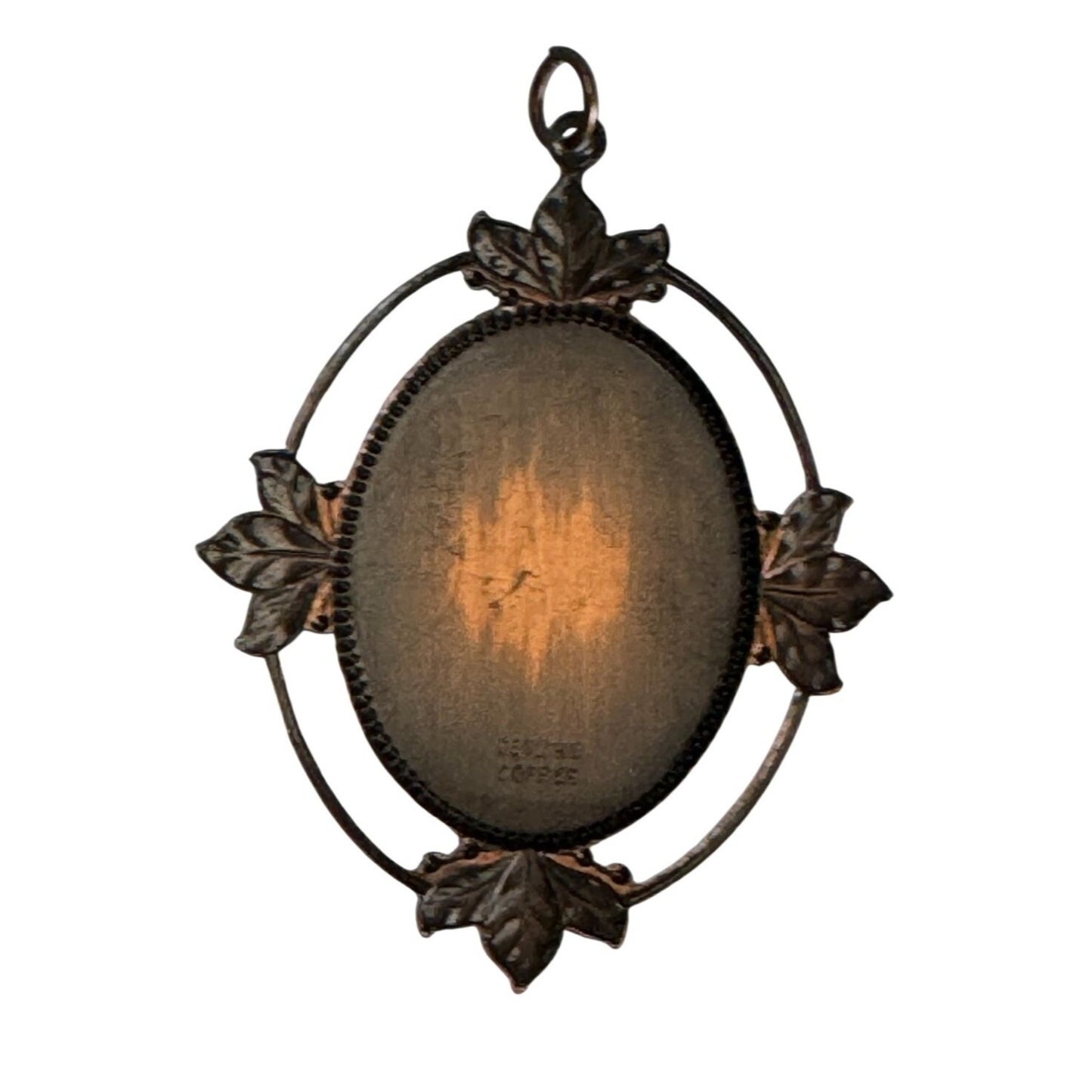 Vintage Copper Pendant With Inlaid Mother Of Pearl Owl Design 3" Oval With Floral Accents