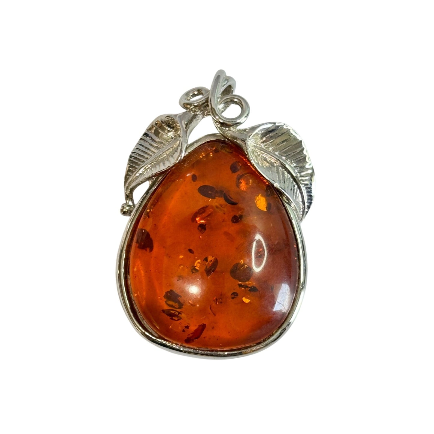 Vintage Amber Pendant With Chromium Silver Leaf Design 2"
