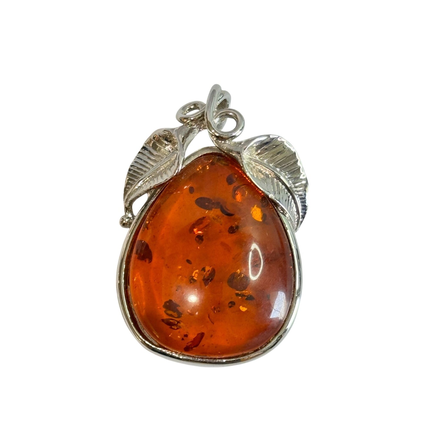 Vintage Amber Pendant With Chromium Silver Leaf Design 2"