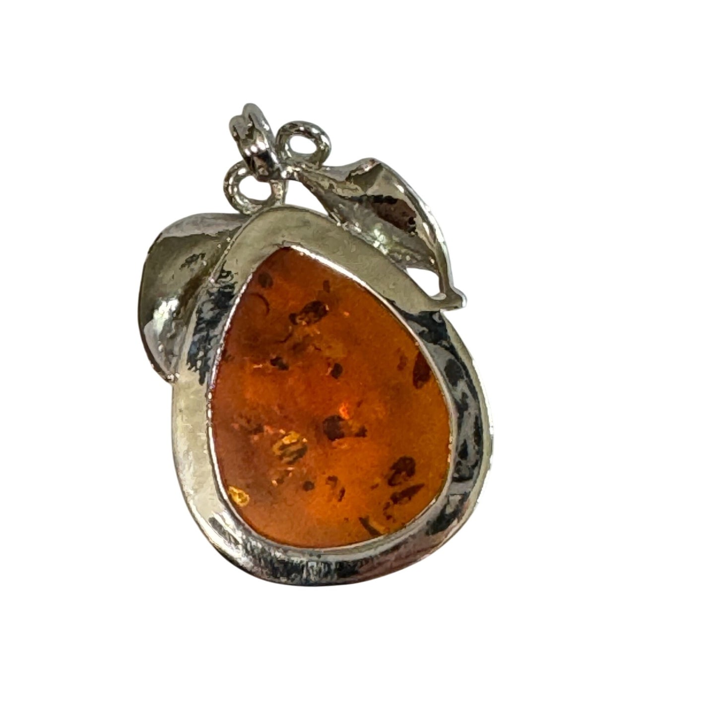 Vintage Amber Pendant With Chromium Silver Leaf Design 2"