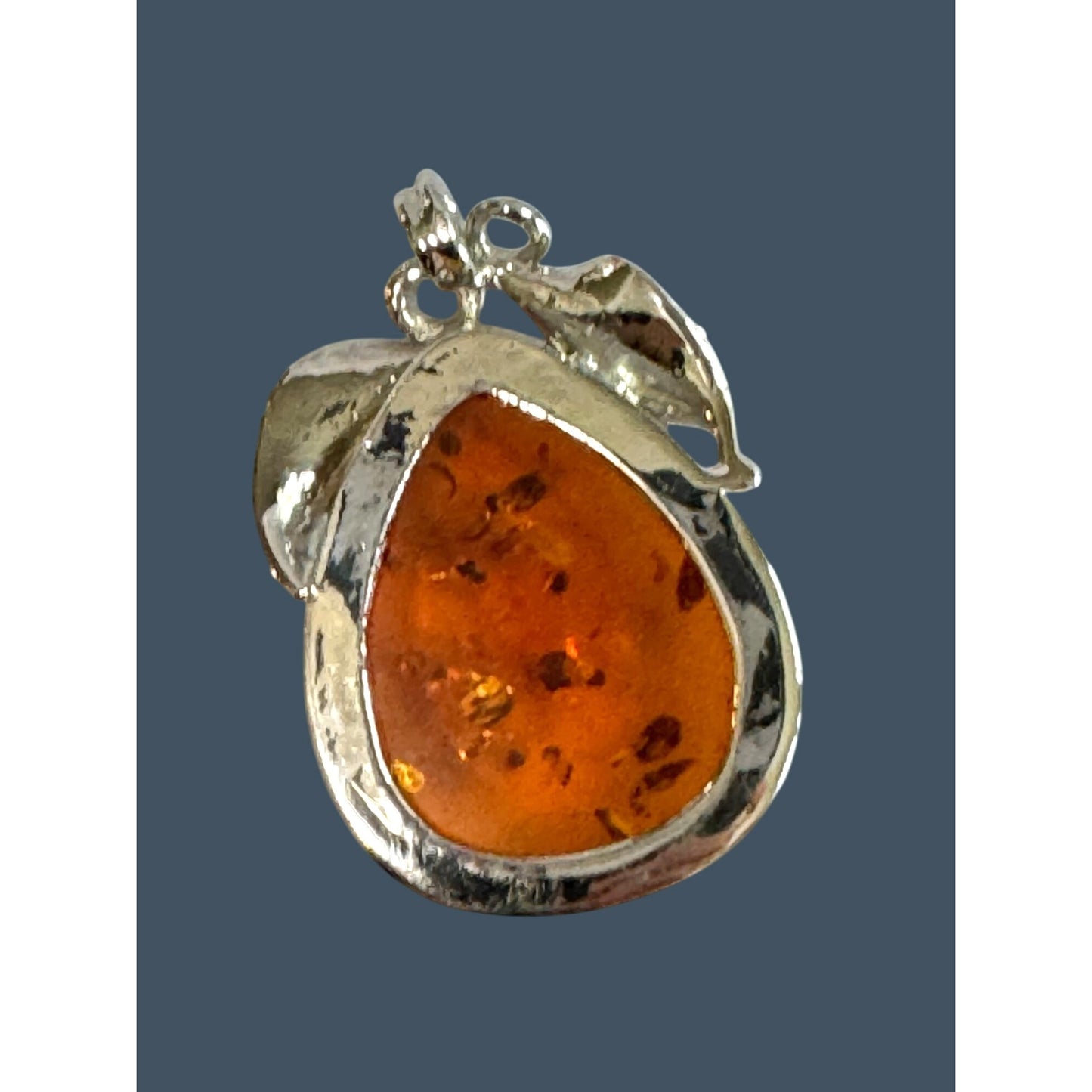 Vintage Amber Pendant With Chromium Silver Leaf Design 2"
