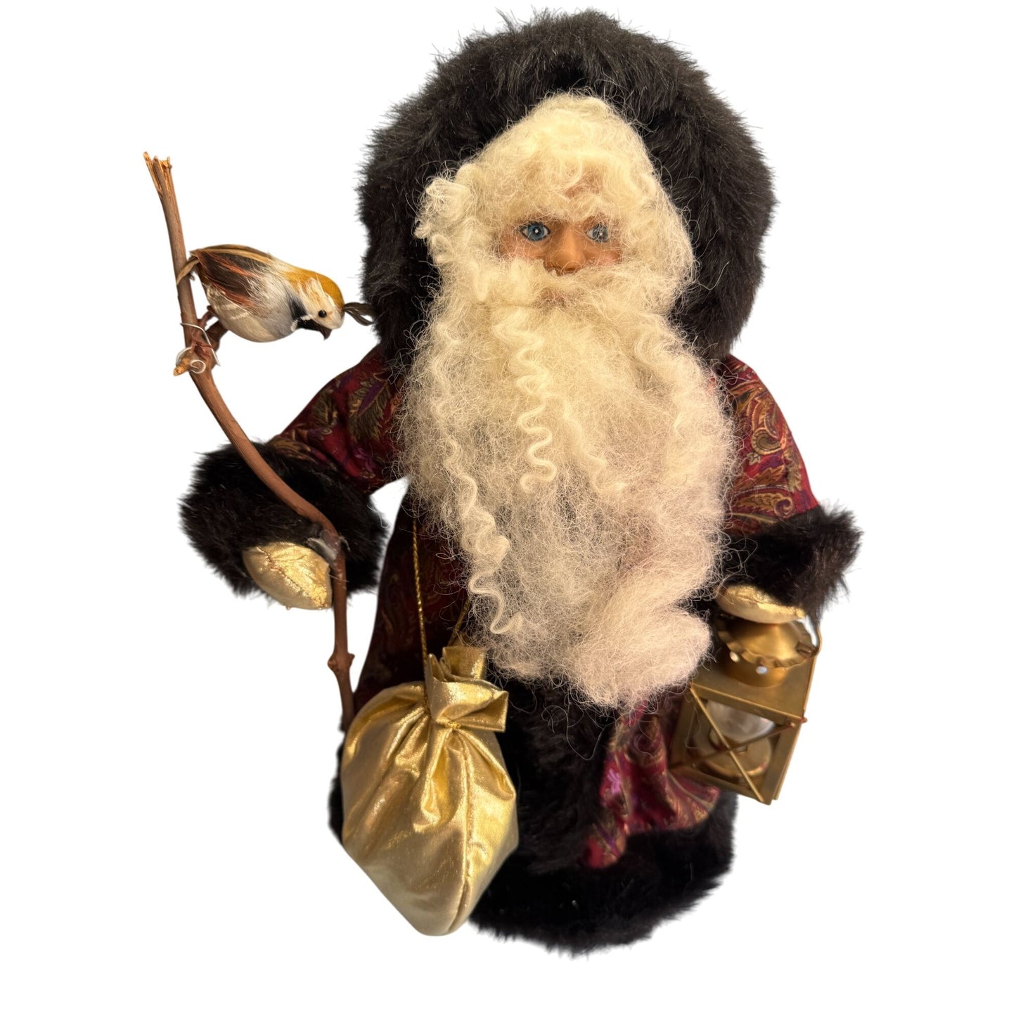Betty Boedt Folk Art Santa Claus Doll Black Fur Red Coat Handmade 1993 15"