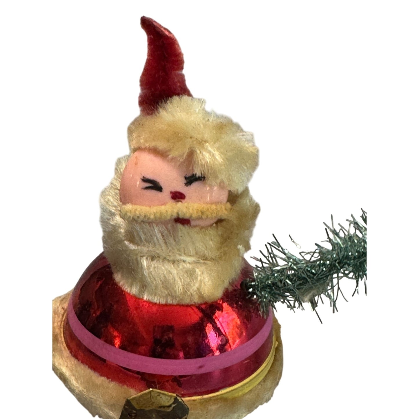 Vintage Japan Santa Claus Red Glass Christmas Figure Chenille Trim 5 Inch