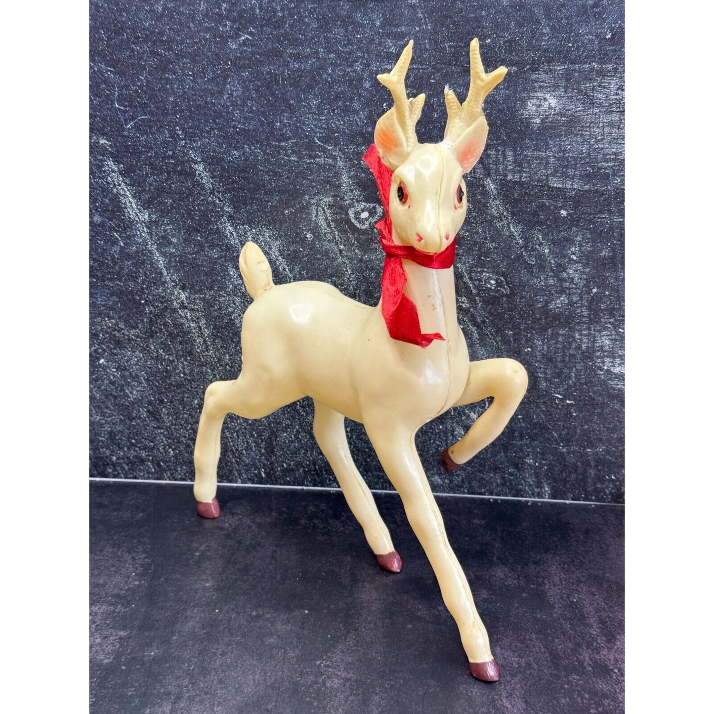 Vintage Large White Plastic Prancing Reindeer Pink Ears Mouth Midcentury 12"