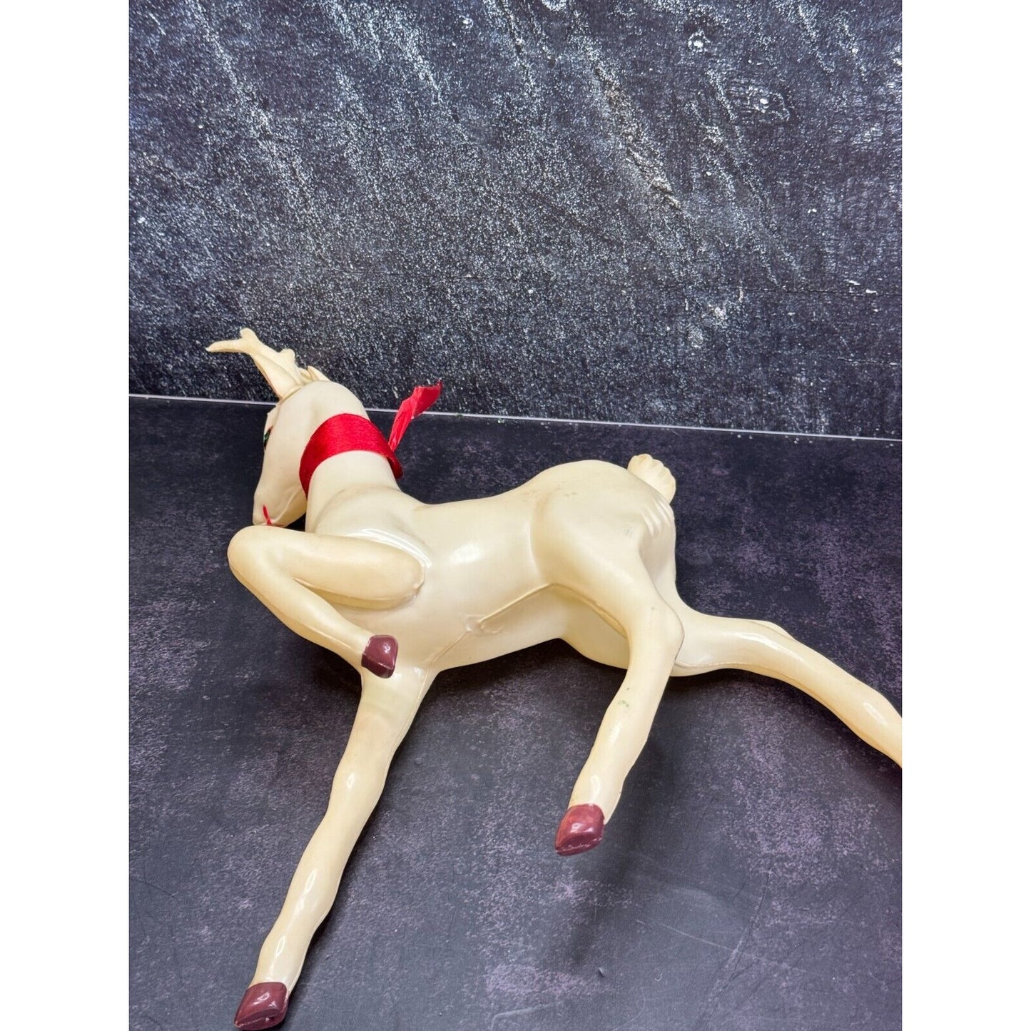Vintage Large White Plastic Prancing Reindeer Pink Ears Mouth Midcentury 12"