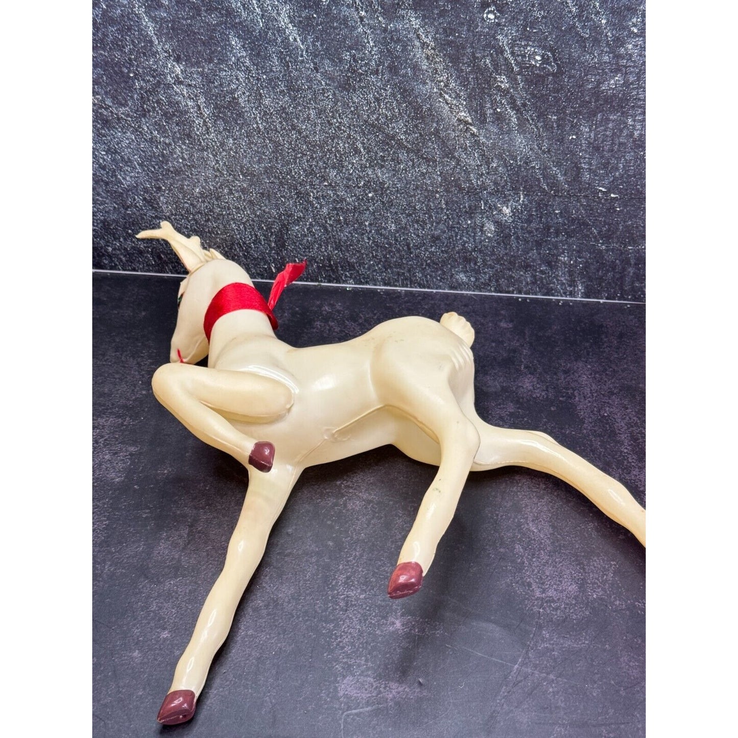 Vintage Large White Plastic Prancing Reindeer Pink Ears Mouth Midcentury 12"