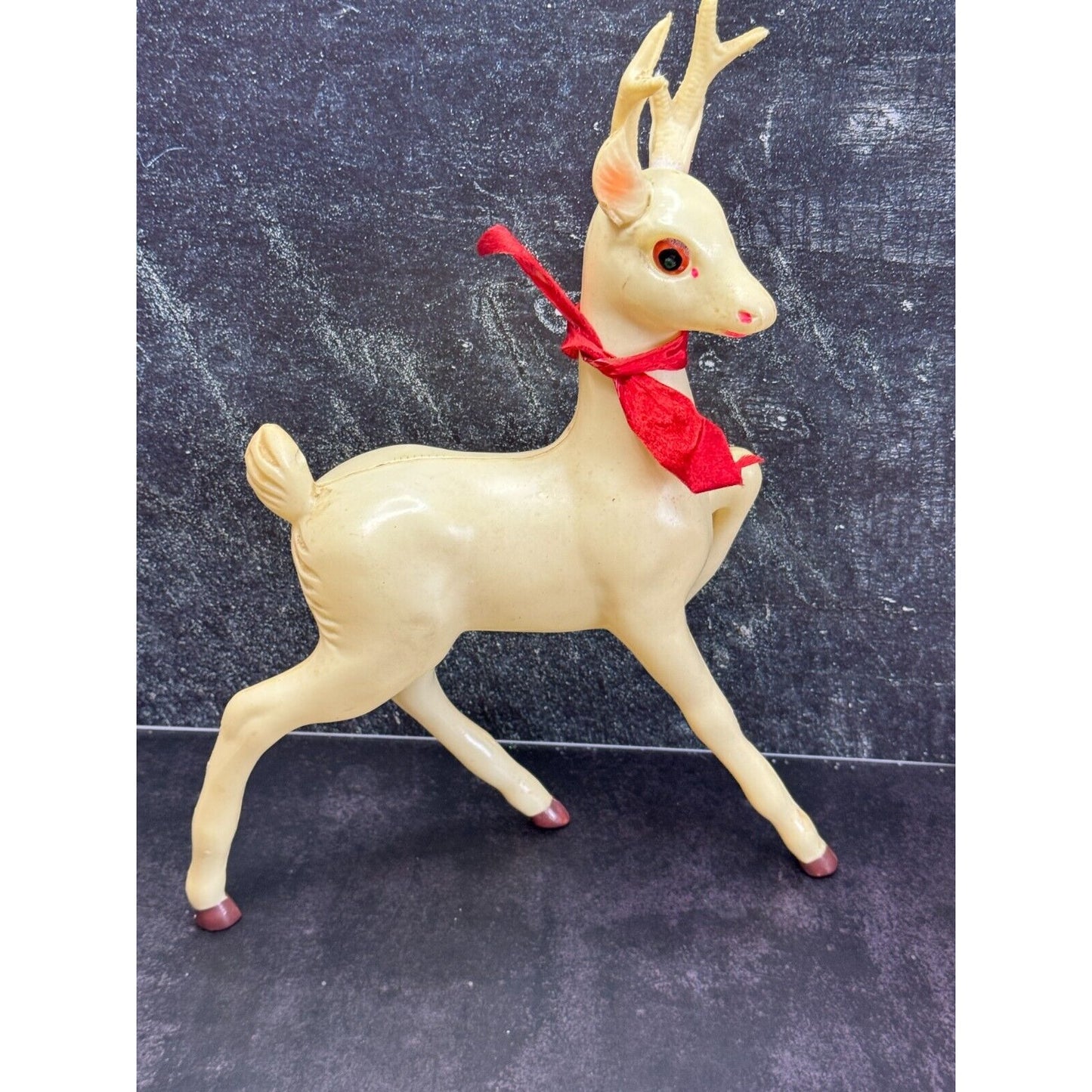 Vintage Large White Plastic Prancing Reindeer Pink Ears Mouth Midcentury 12"