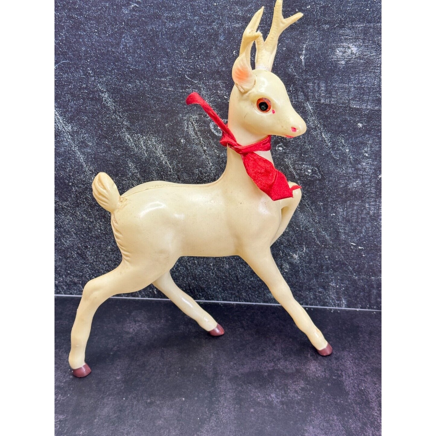 Vintage Large White Plastic Prancing Reindeer Pink Ears Mouth Midcentury 12"