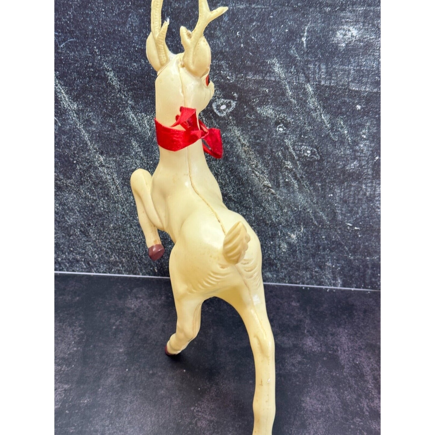 Vintage Large White Plastic Prancing Reindeer Pink Ears Mouth Midcentury 12"