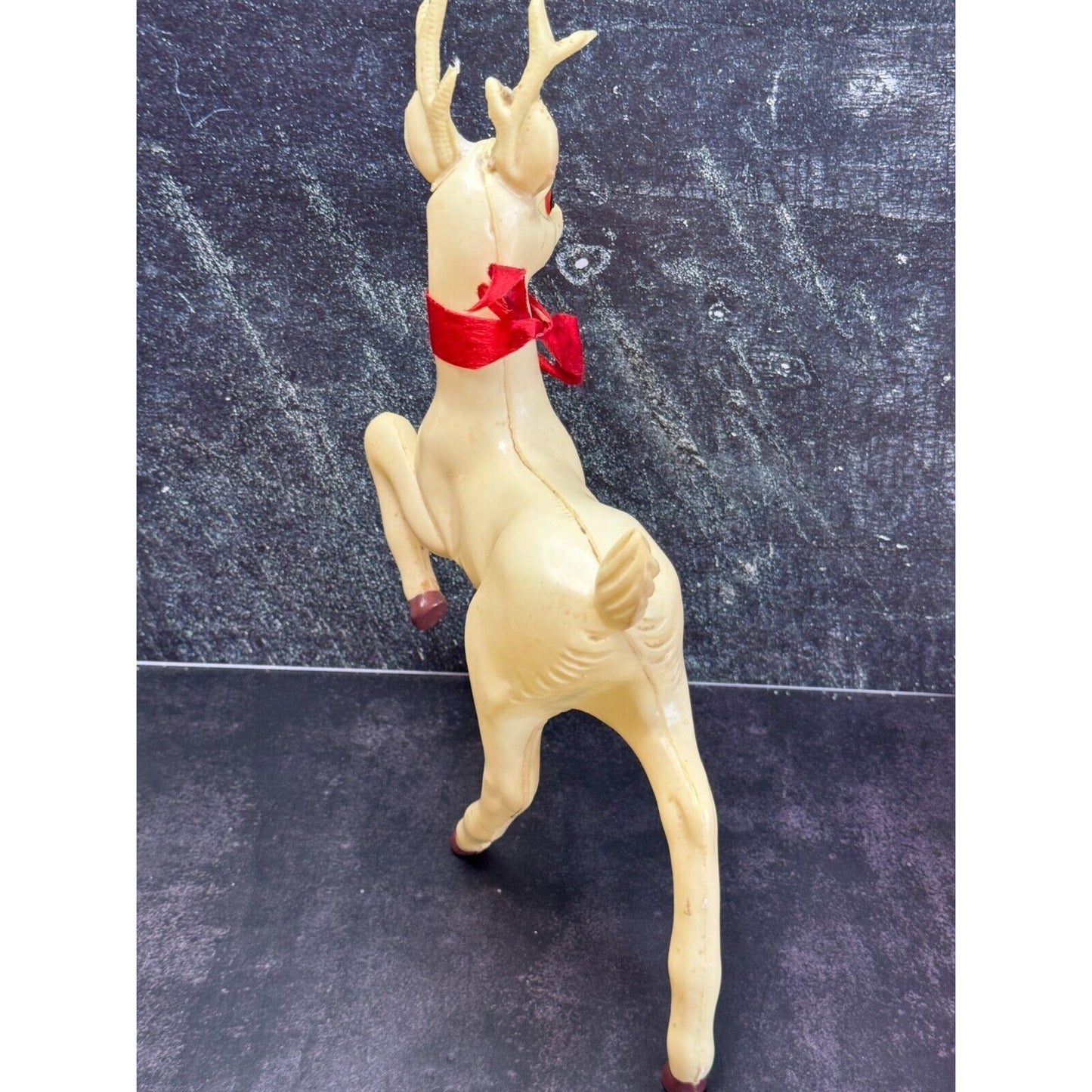 Vintage Large White Plastic Prancing Reindeer Pink Ears Mouth Midcentury 12"