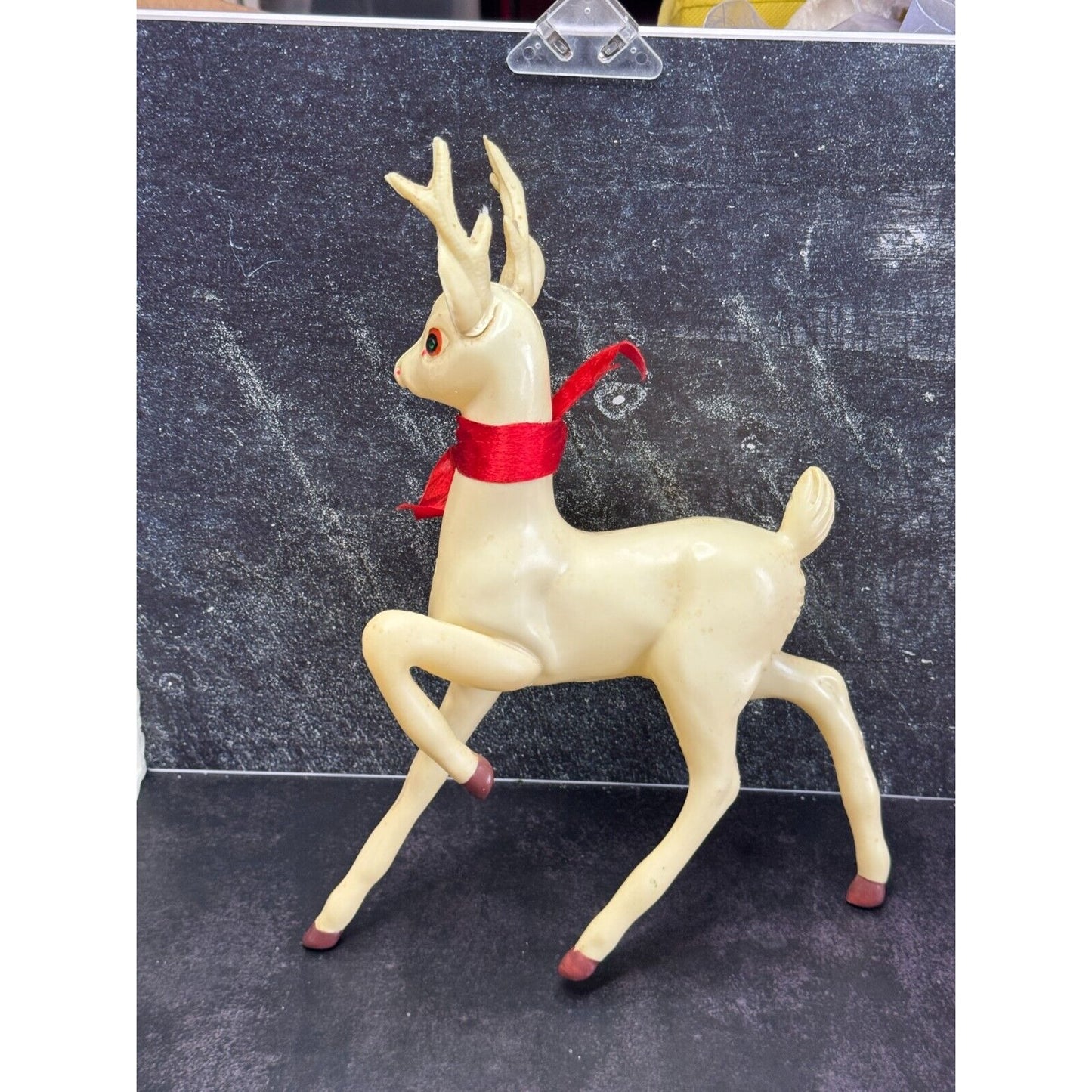 Vintage Large White Plastic Prancing Reindeer Pink Ears Mouth Midcentury 12"