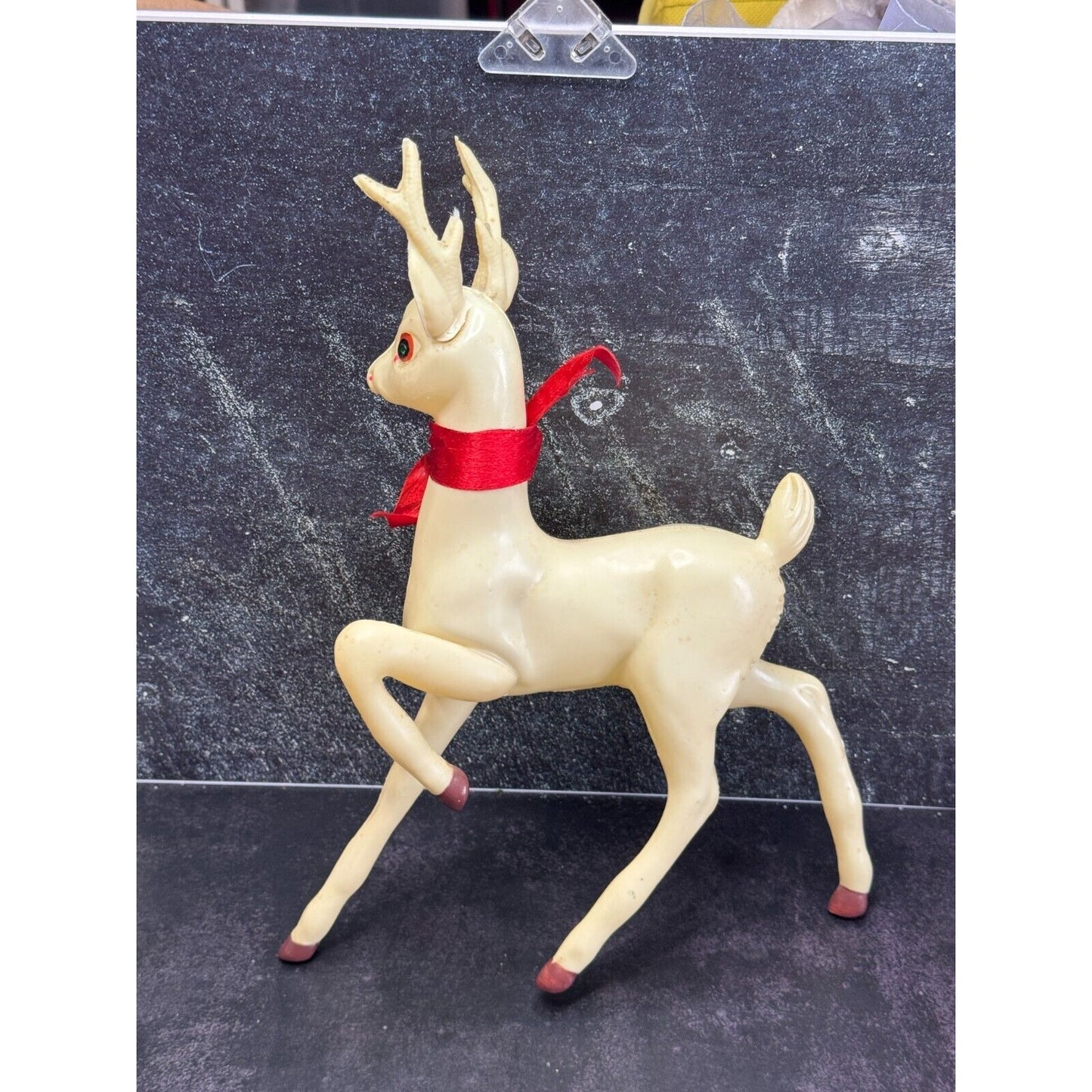 Vintage Large White Plastic Prancing Reindeer Pink Ears Mouth Midcentury 12"