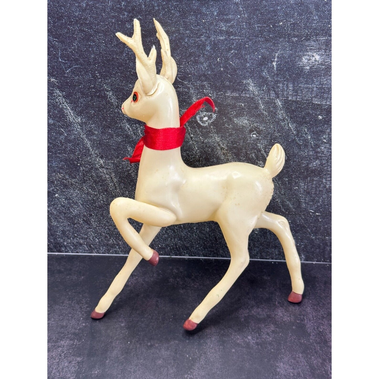 Vintage Large White Plastic Prancing Reindeer Pink Ears Mouth Midcentury 12"