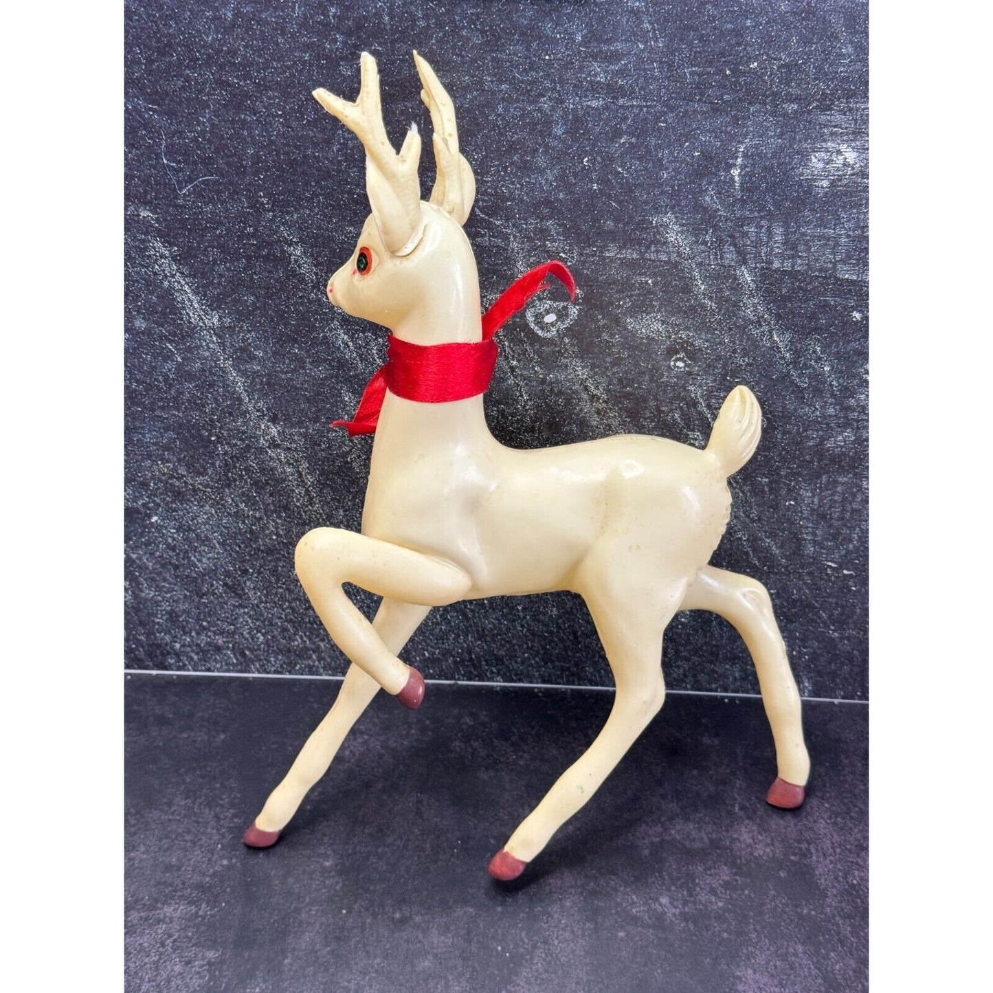 Vintage Large White Plastic Prancing Reindeer Pink Ears Mouth Midcentury 12"