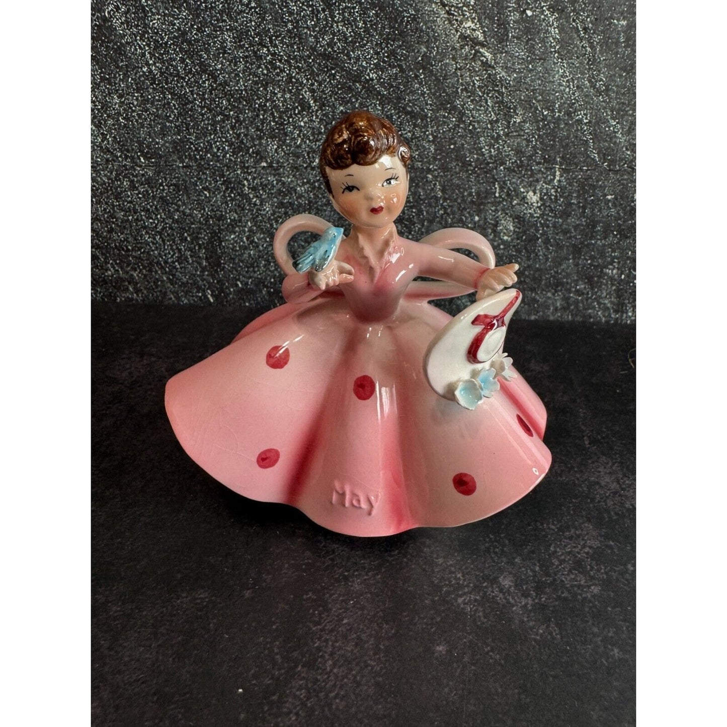 Vintage Lefton "May" Girl Porcelain Figurine 4.5"x4" Pink Dress With Hat & Bluebird