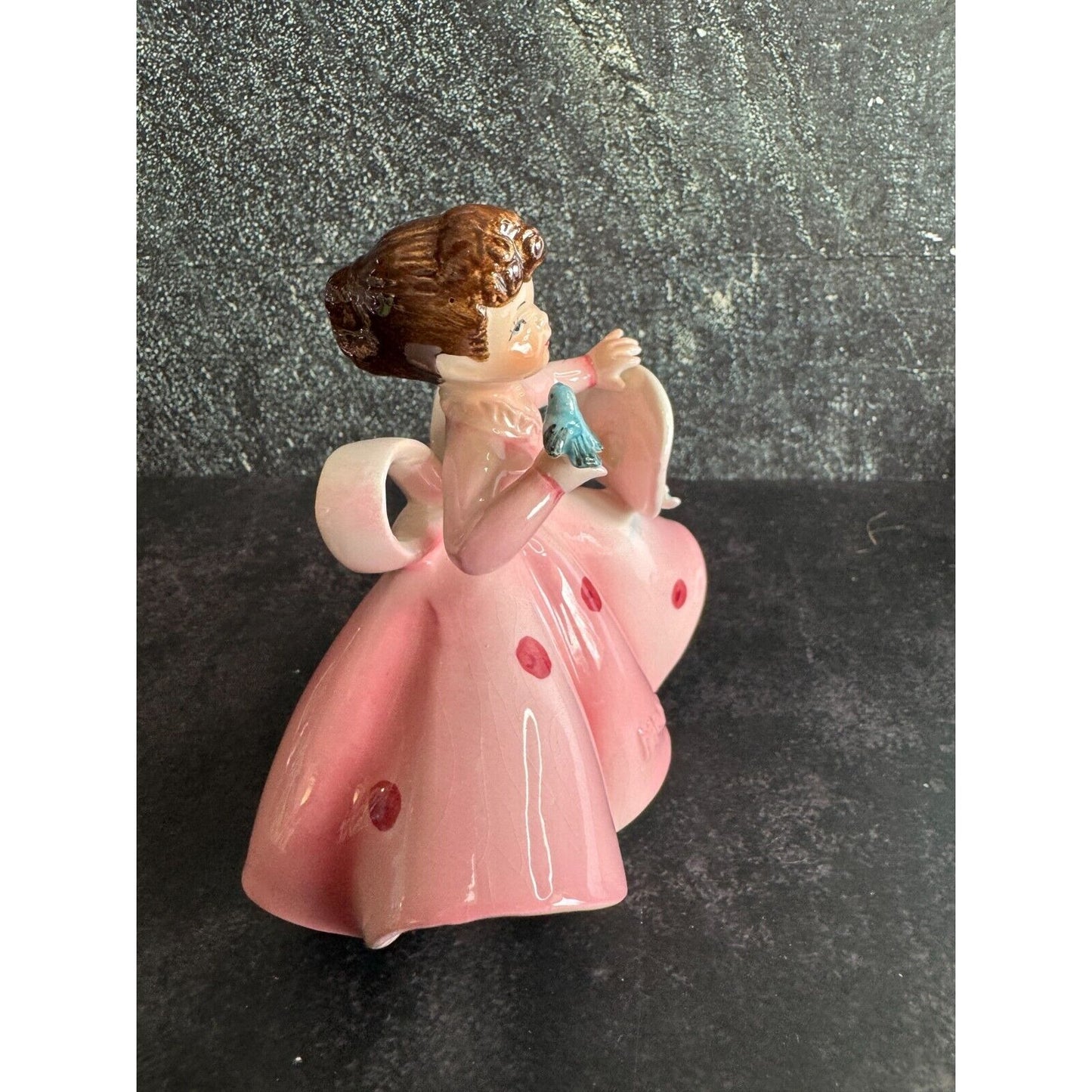 Vintage Lefton "May" Girl Porcelain Figurine 4.5"x4" Pink Dress With Hat & Bluebird