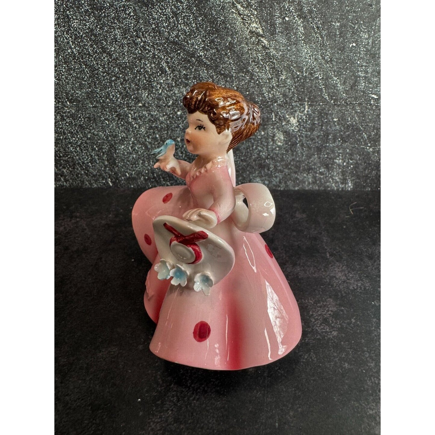 Vintage Lefton "May" Girl Porcelain Figurine 4.5"x4" Pink Dress With Hat & Bluebird