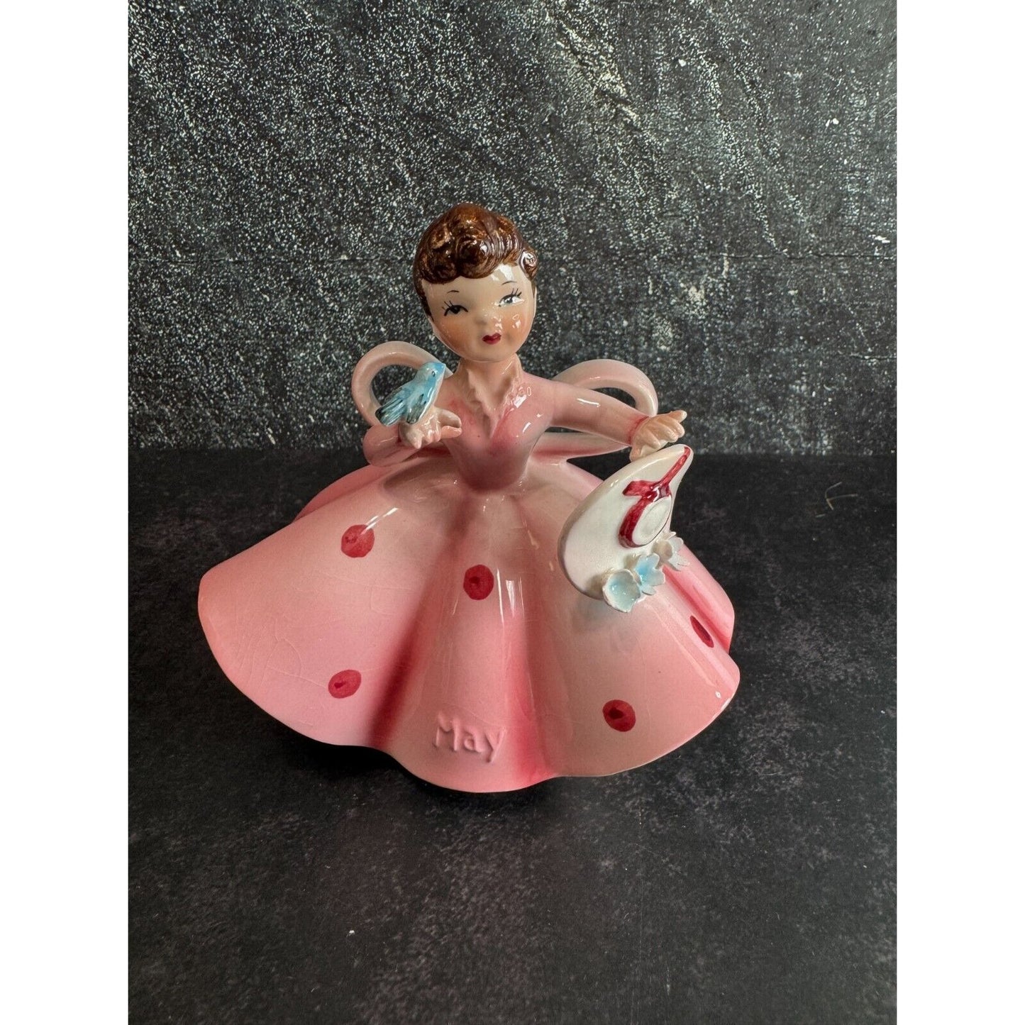 Vintage Lefton "May" Girl Porcelain Figurine 4.5"x4" Pink Dress With Hat & Bluebird