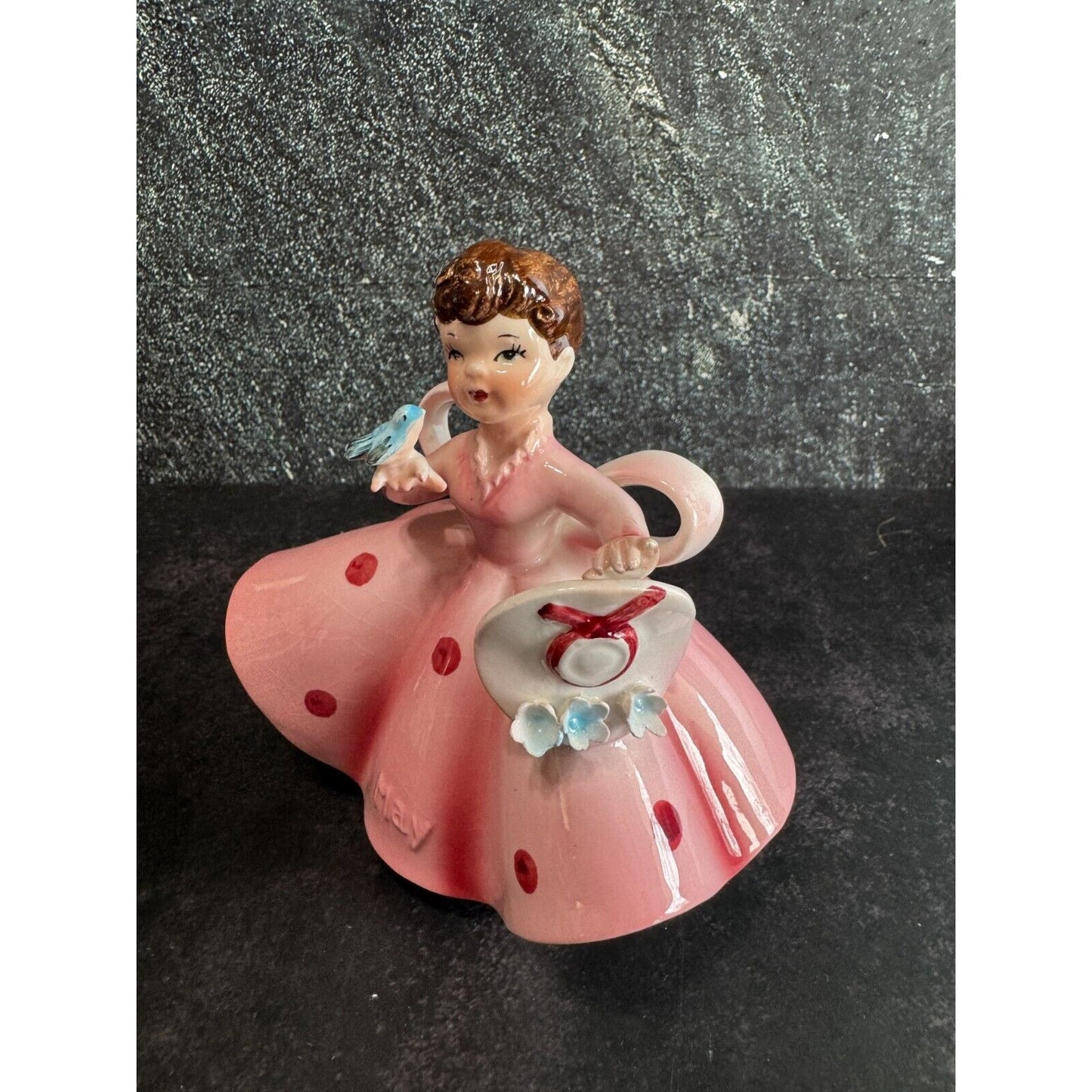 Vintage Lefton "May" Girl Porcelain Figurine 4.5"x4" Pink Dress With Hat & Bluebird