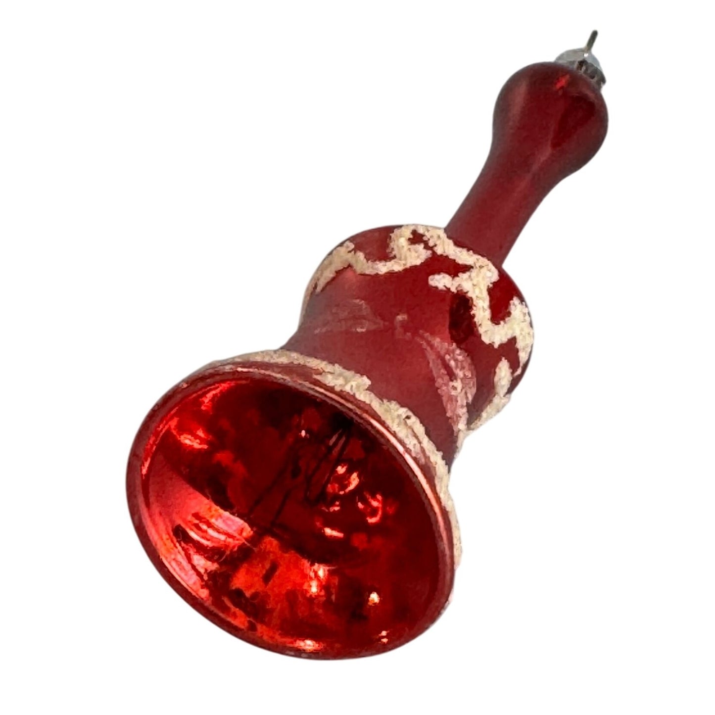 Vintage Blown Glass Christmas Bell Ornament Red Mica Trim Long Stem 1950s-60s