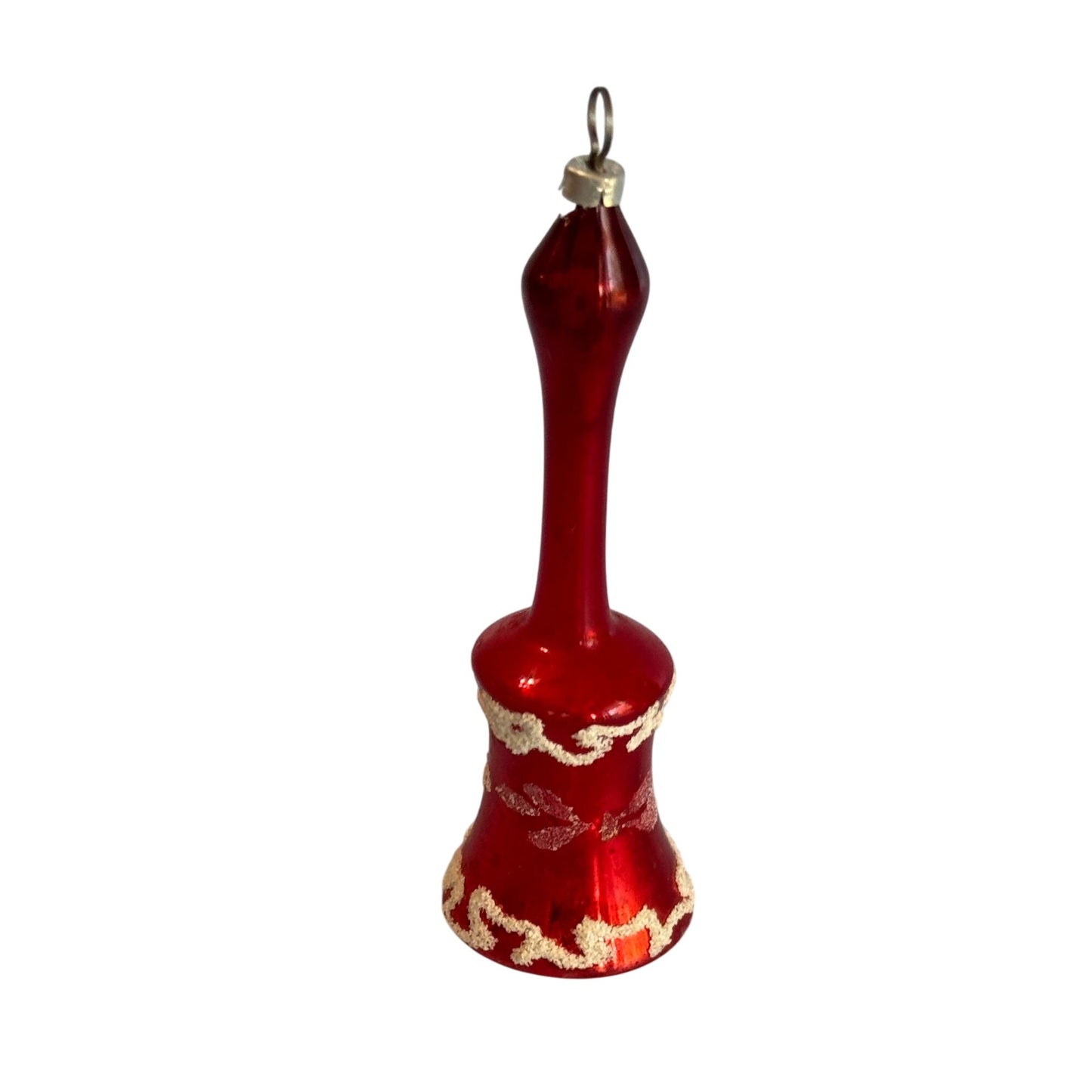 Vintage Blown Glass Christmas Bell Ornament Red Mica Trim Long Stem 1950s-60s